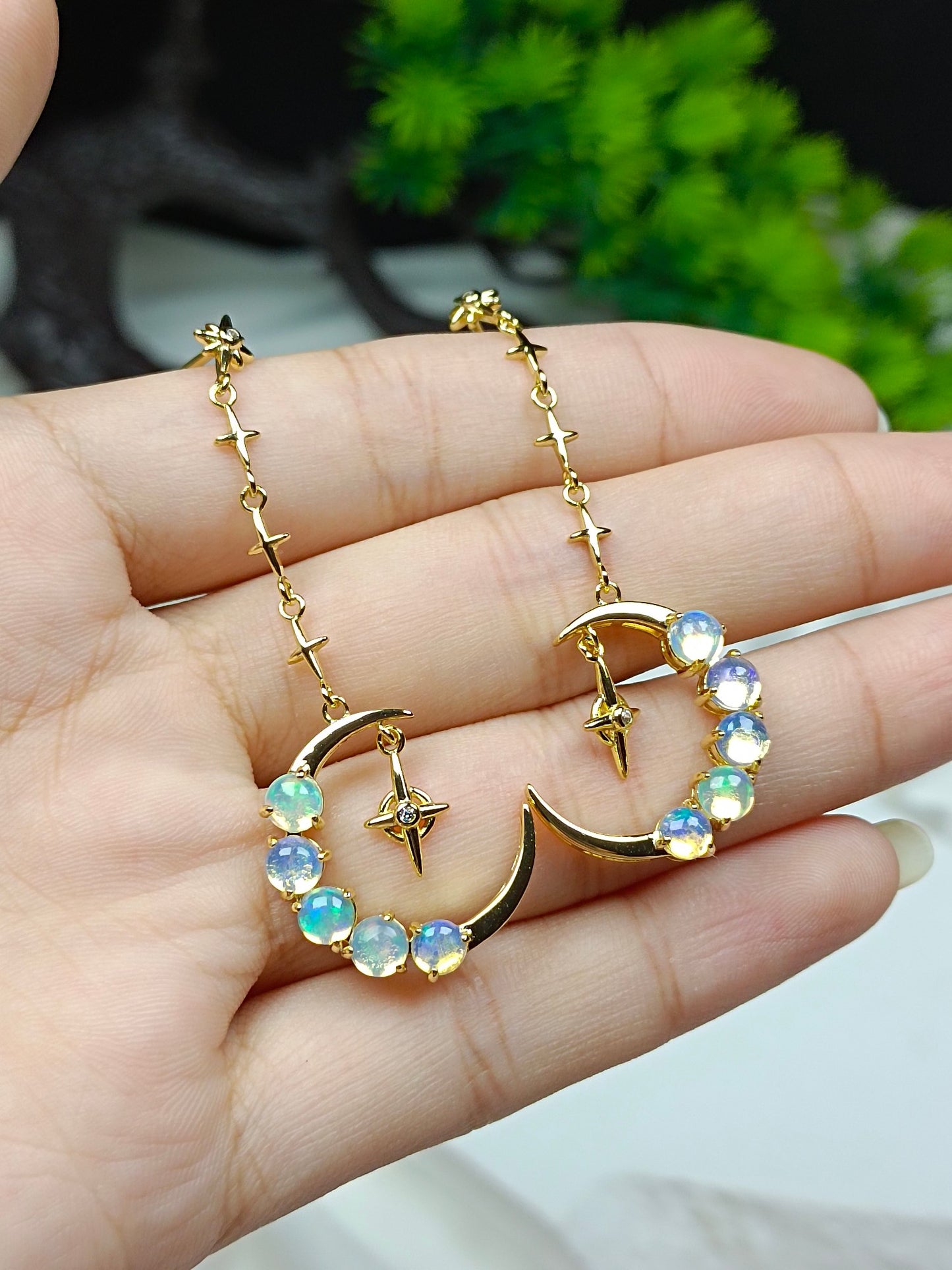 S925 Silver Exquisite Opal Crescent Moon & Star Earrings - Jewelry