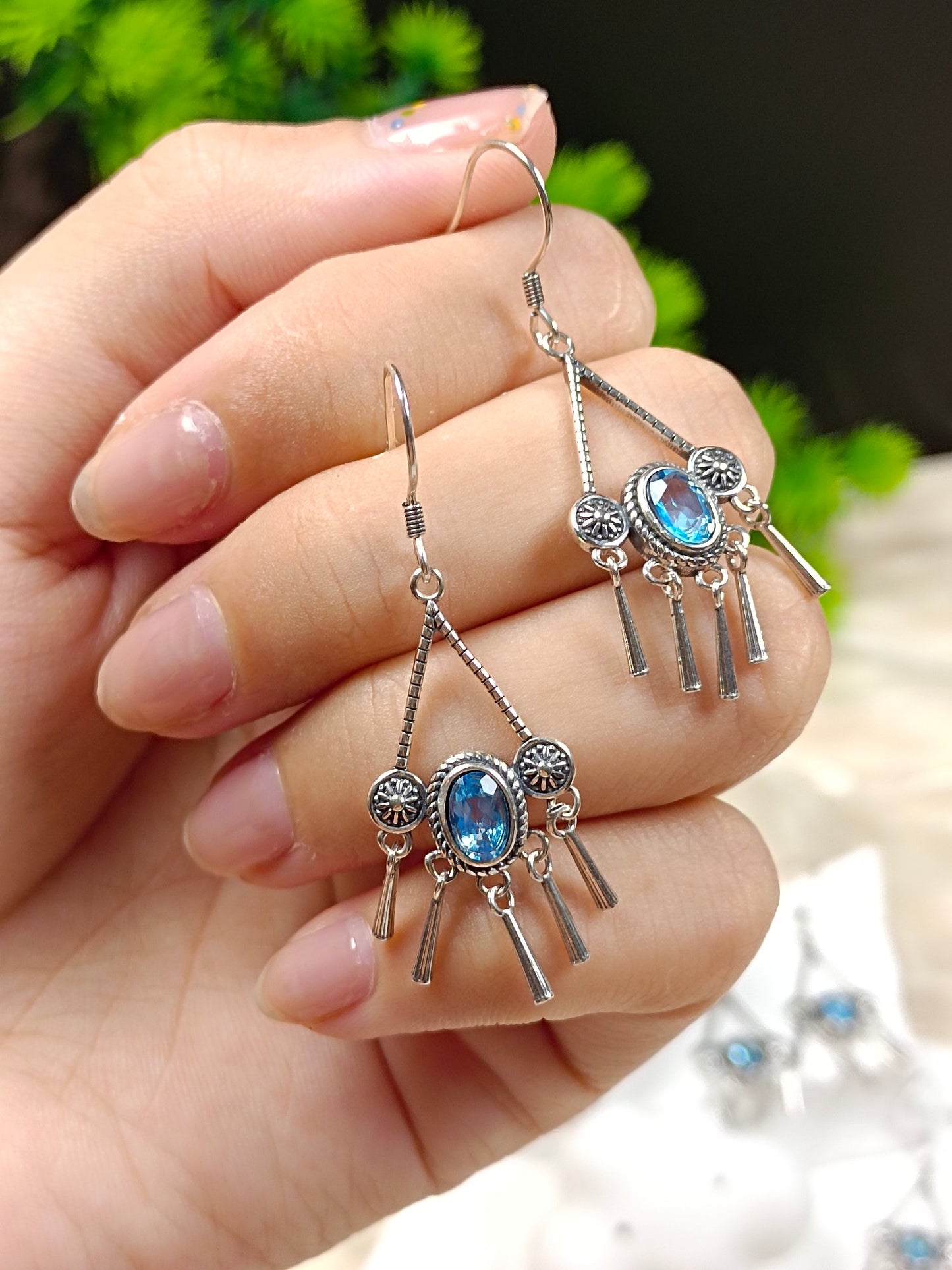 S925 Silver Embedded Topaz Tassel Earrings with Vintage Charm