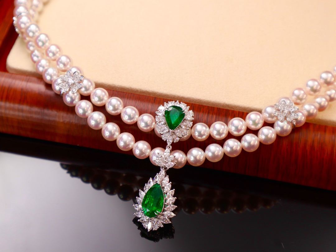 Luxury High-End Jewelry: Heavenly Pearl and Emerald Evening Dress Chain