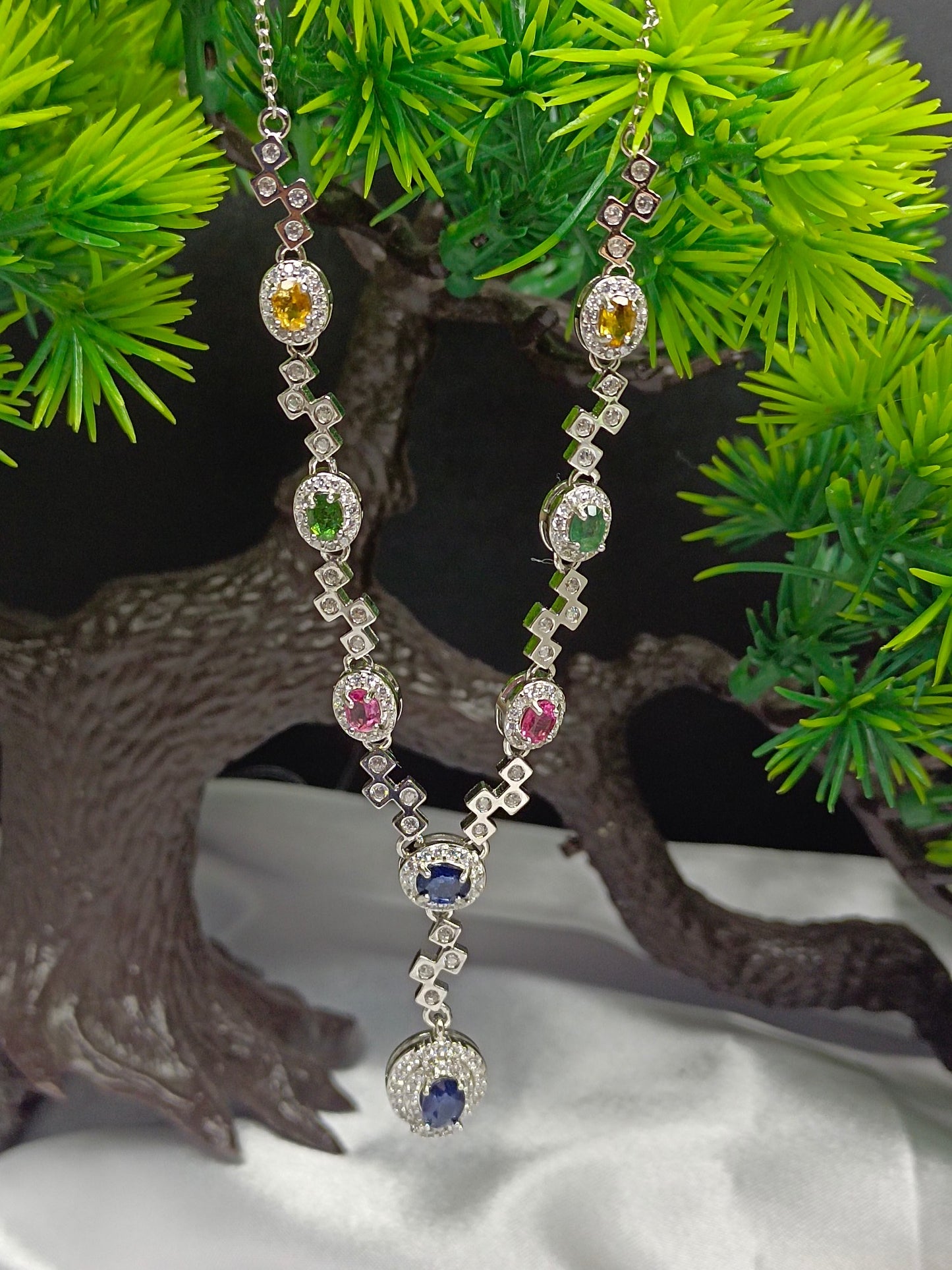 Luxe S925 zilveren ingebedde saffier en toermalijn kettingsieraden