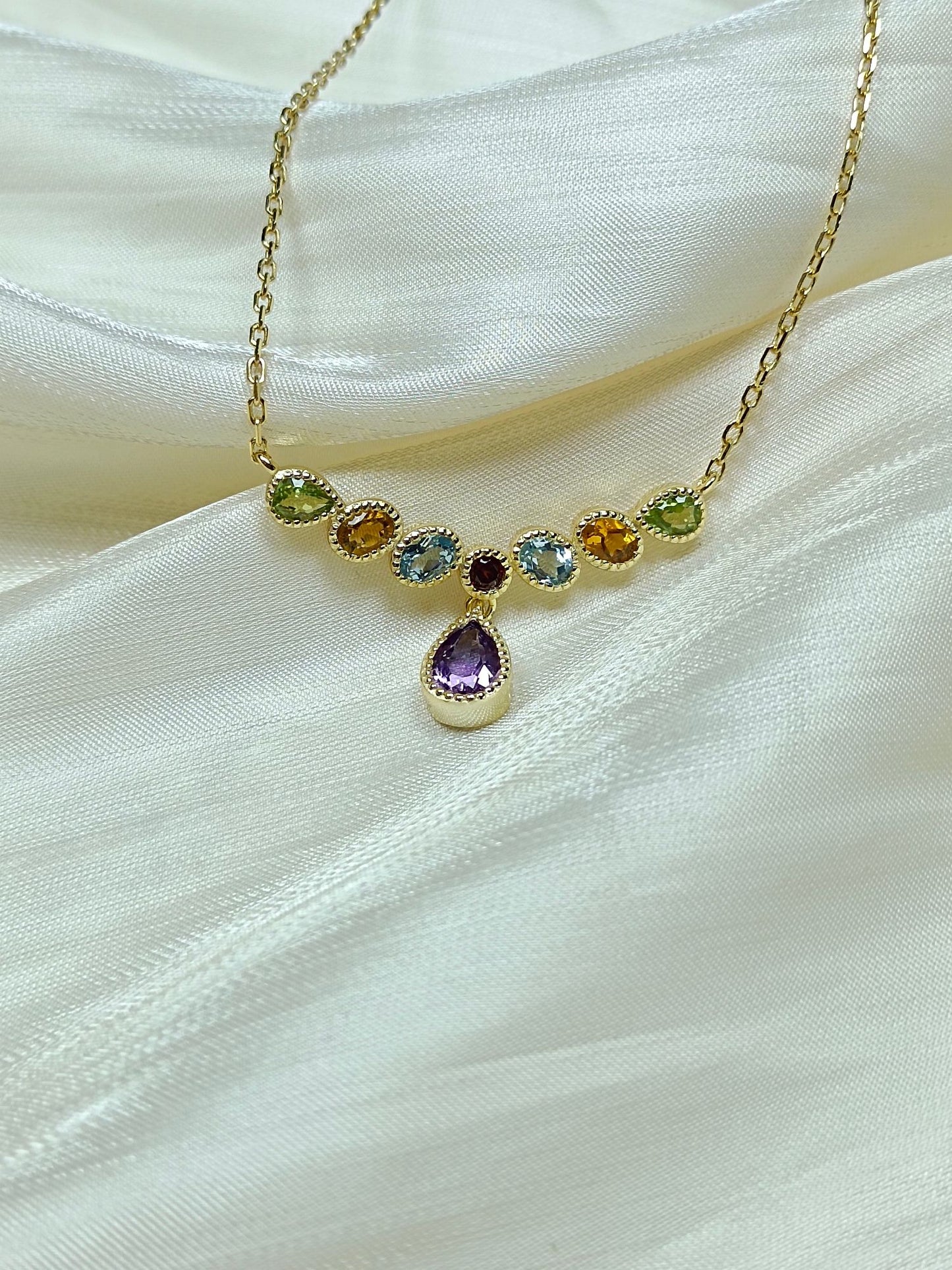 Elegant S925 Sterling Silver Amethyst Drop Multistone Necklace with 18K Gold Embedding - Unique Jewelry