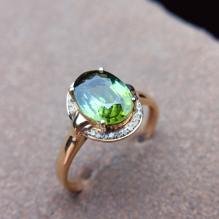 Cincin Turmalin Asli dengan Hiasan Emas dan Berlian 18K - Barang Kemas