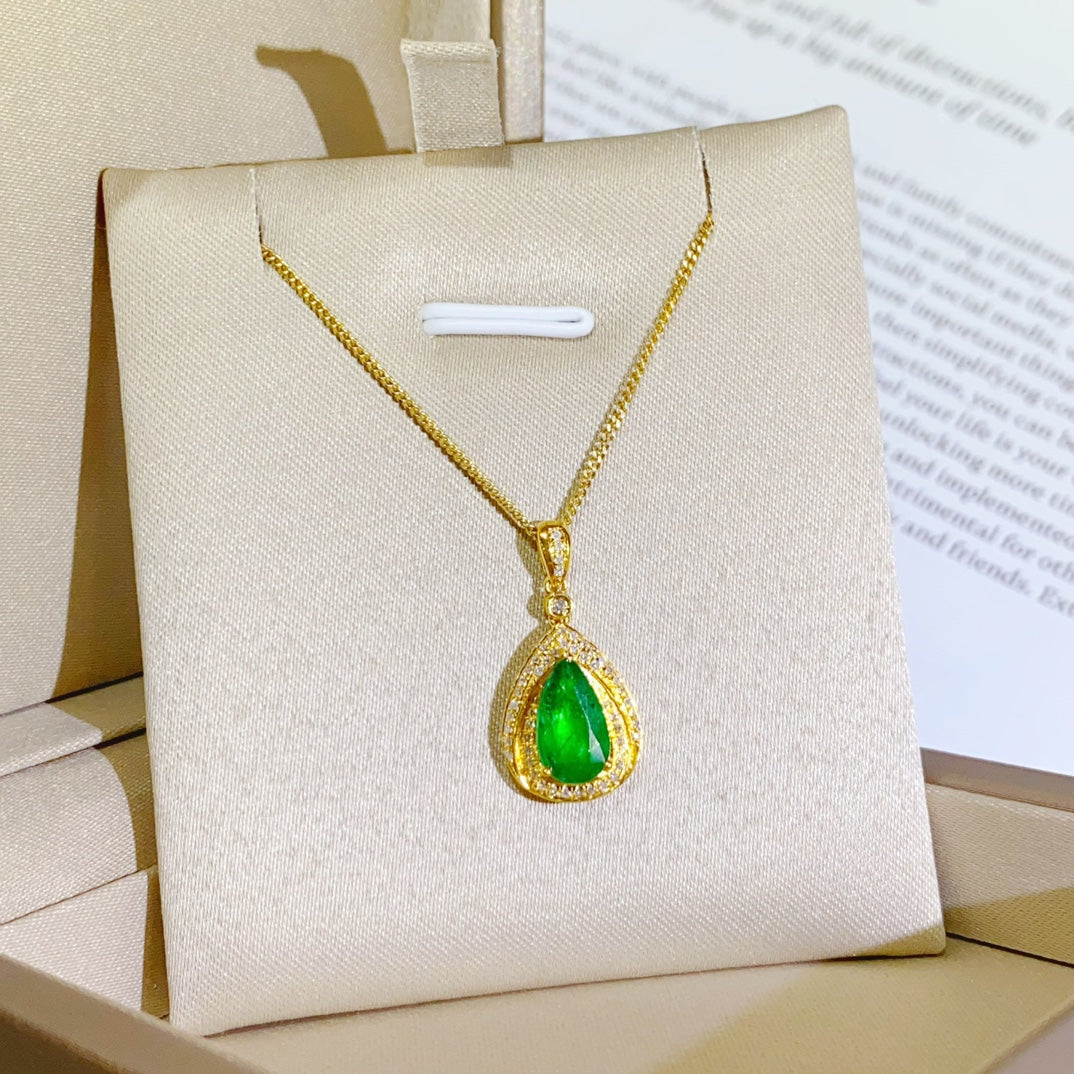 Elegant Water Drop Shaped 18K Gold Embedded Natural Emerald Pendant Jewelry
