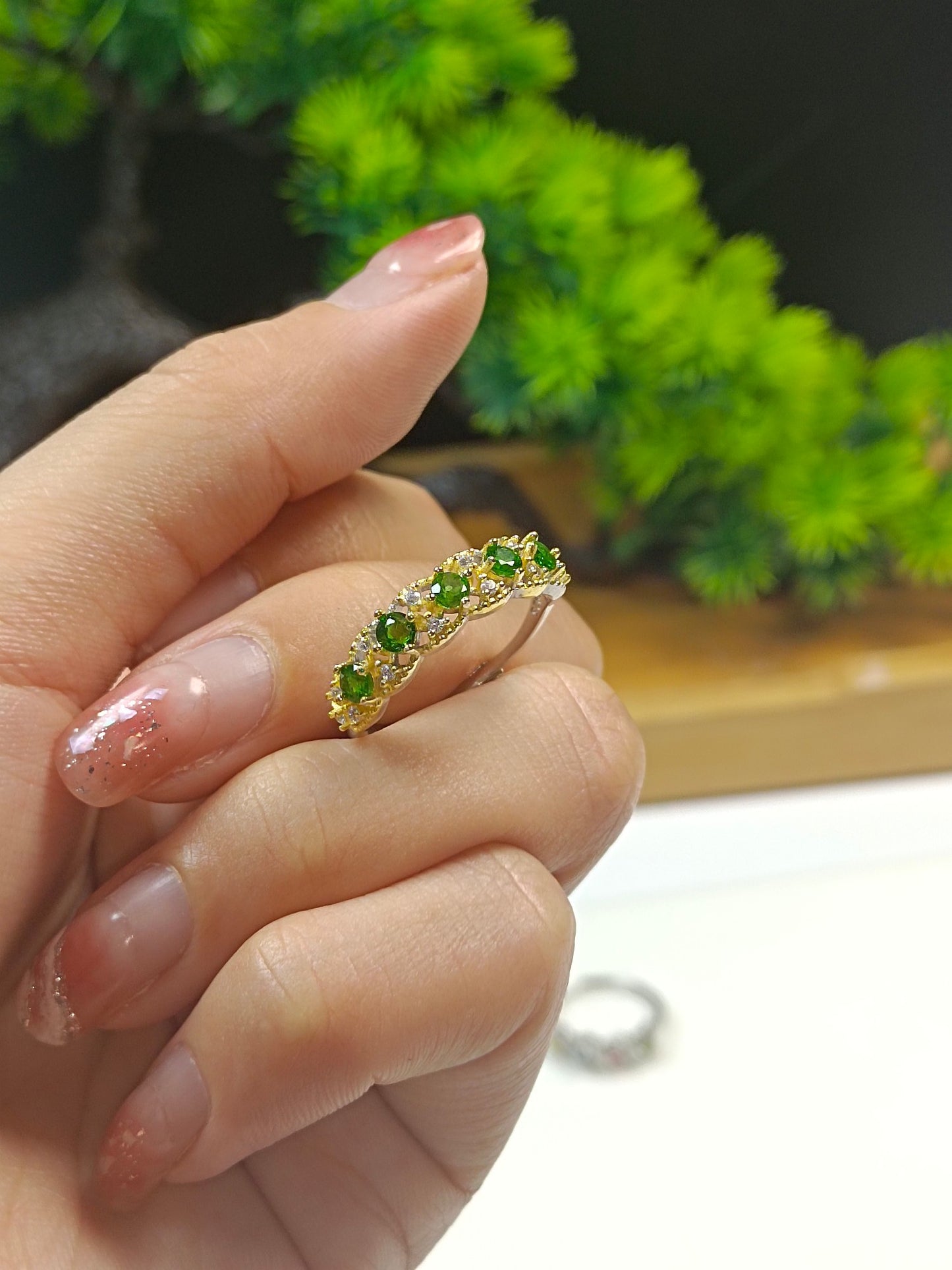 S925 Inel încorporat Diopside Row - Bijuterii elegante și la modă