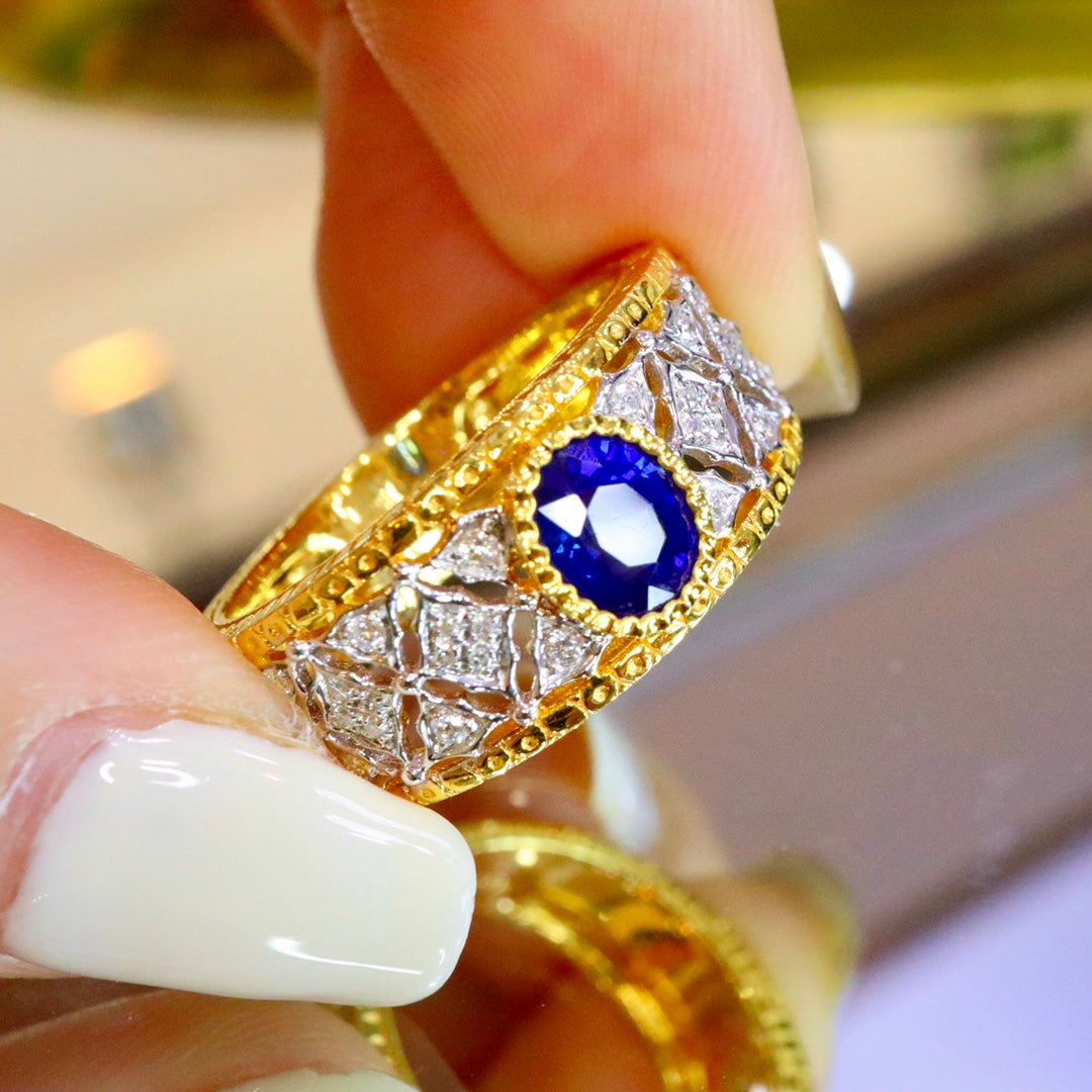 Bijuterii vintage în stil Bucherer: inel unisex cu safir albastru regal