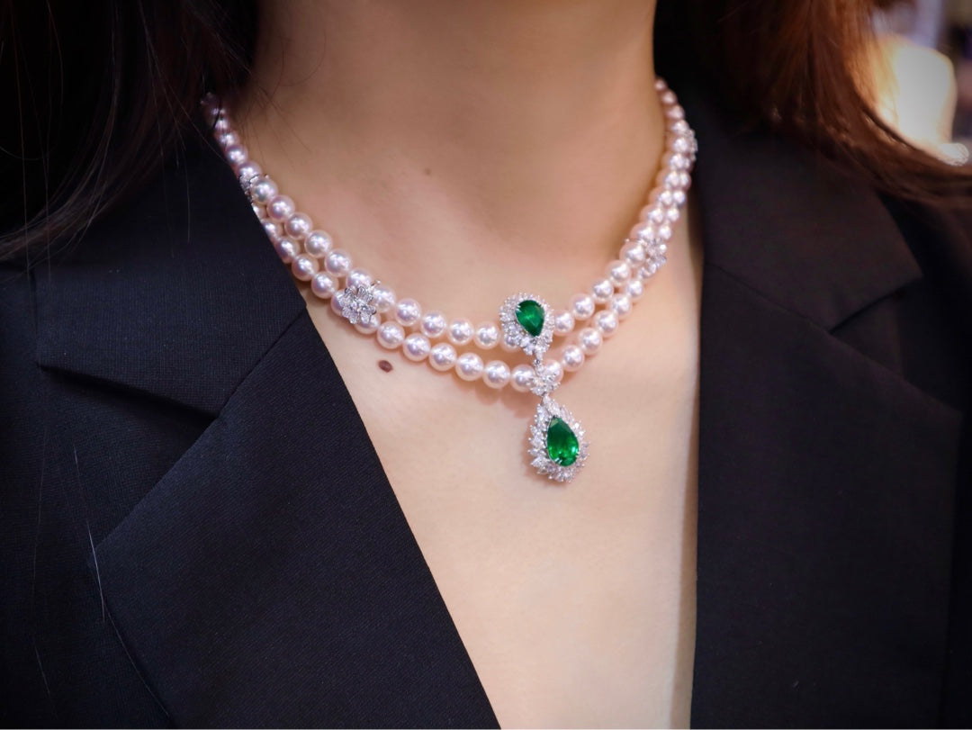 Luxury High-End Jewelry: Heavenly Pearl and Emerald Evening Dress Chain
