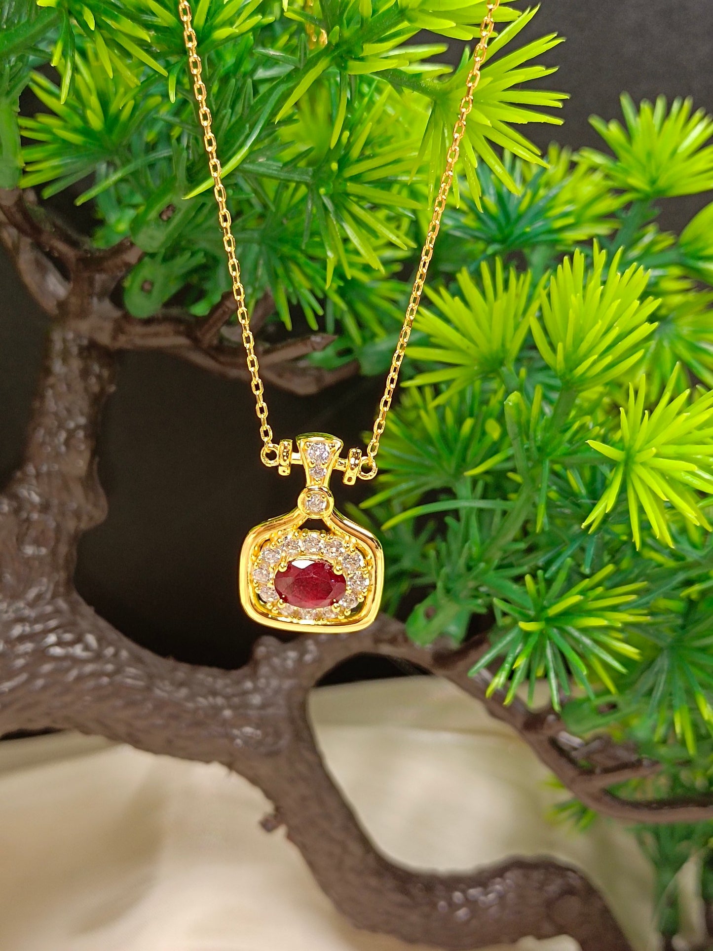 S925 Sterling Silver Intricate "Perfume Bottle" Ruby Pendant Necklace - Elegant Jewelry