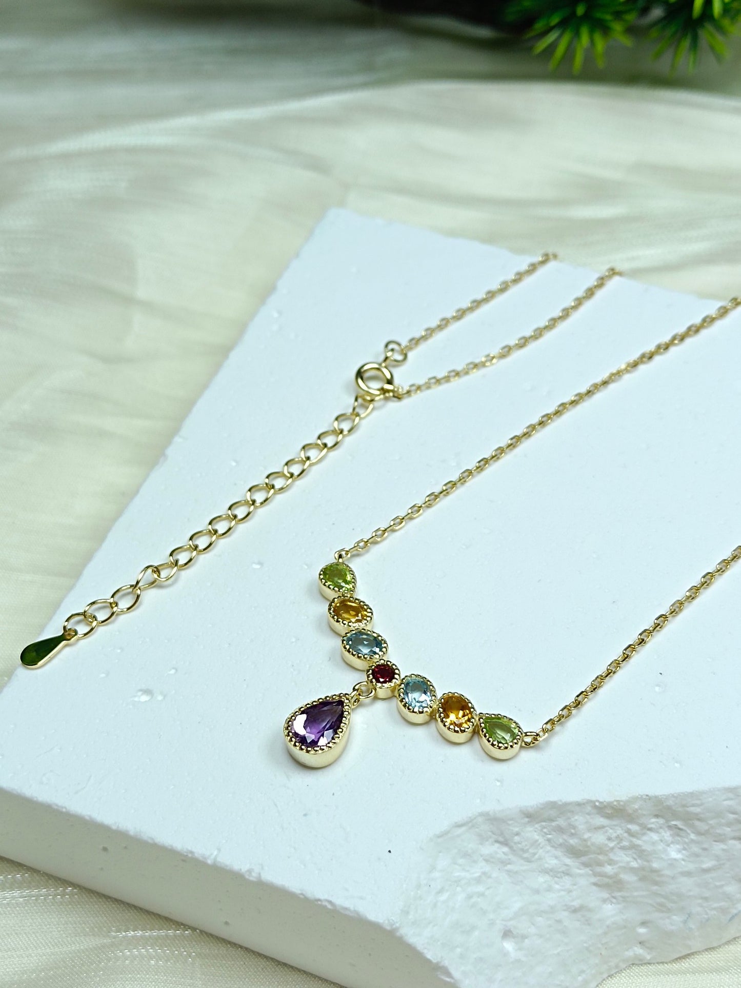 Elegant S925 Sterling Silver Amethyst Drop Multistone Necklace with 18K Gold Embedding - Unique Jewelry