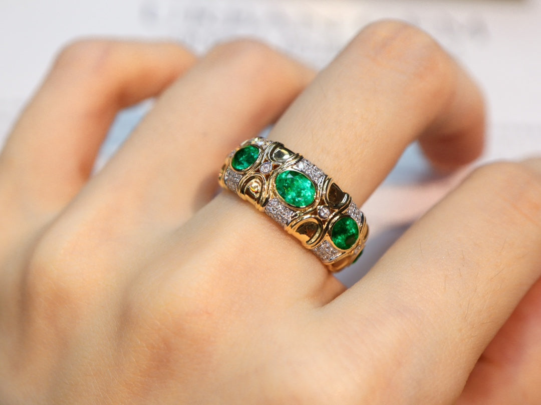 Set Cincin Zamrud Terinspirasi Vintage dengan Sertifikat Persekutuan – Harta Karun Perhiasan
