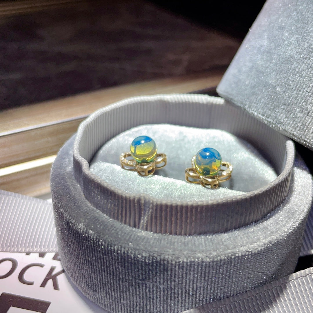 精美 18K 金嵌入式多米尼加蓝琥珀耳环 - 珠宝之乐