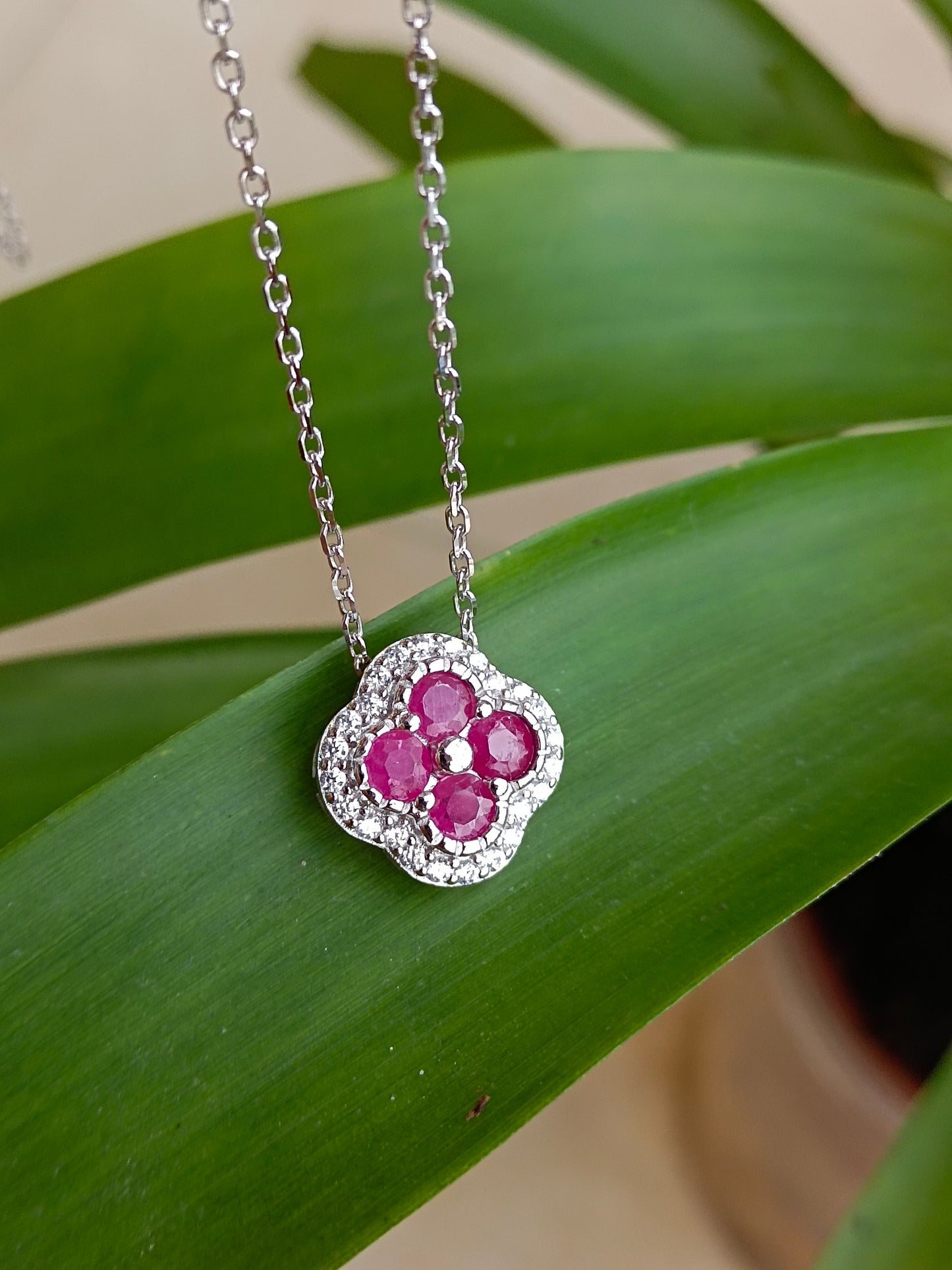 Natural Ruby Four-Leaf Clover Necklace - Premium Jewelry