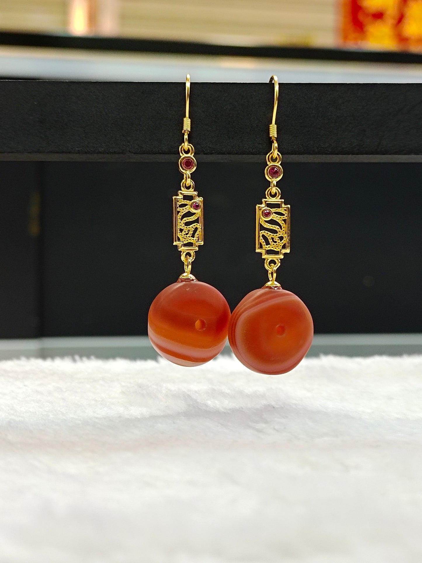 Vintage Chinese Style Classical Frosted Red Agate S925 Silver Earrings - Jewelry