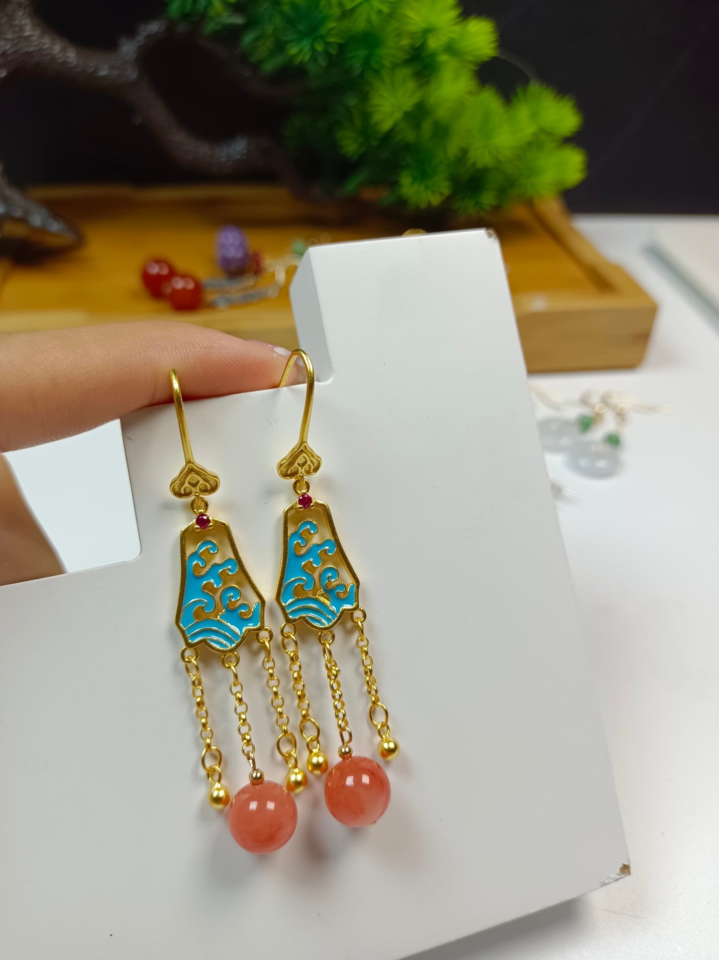 Elegant Natural South Red Agate Earrings with S925 Silver and Cloisonne, Chinese Ethnic Style Jewelry