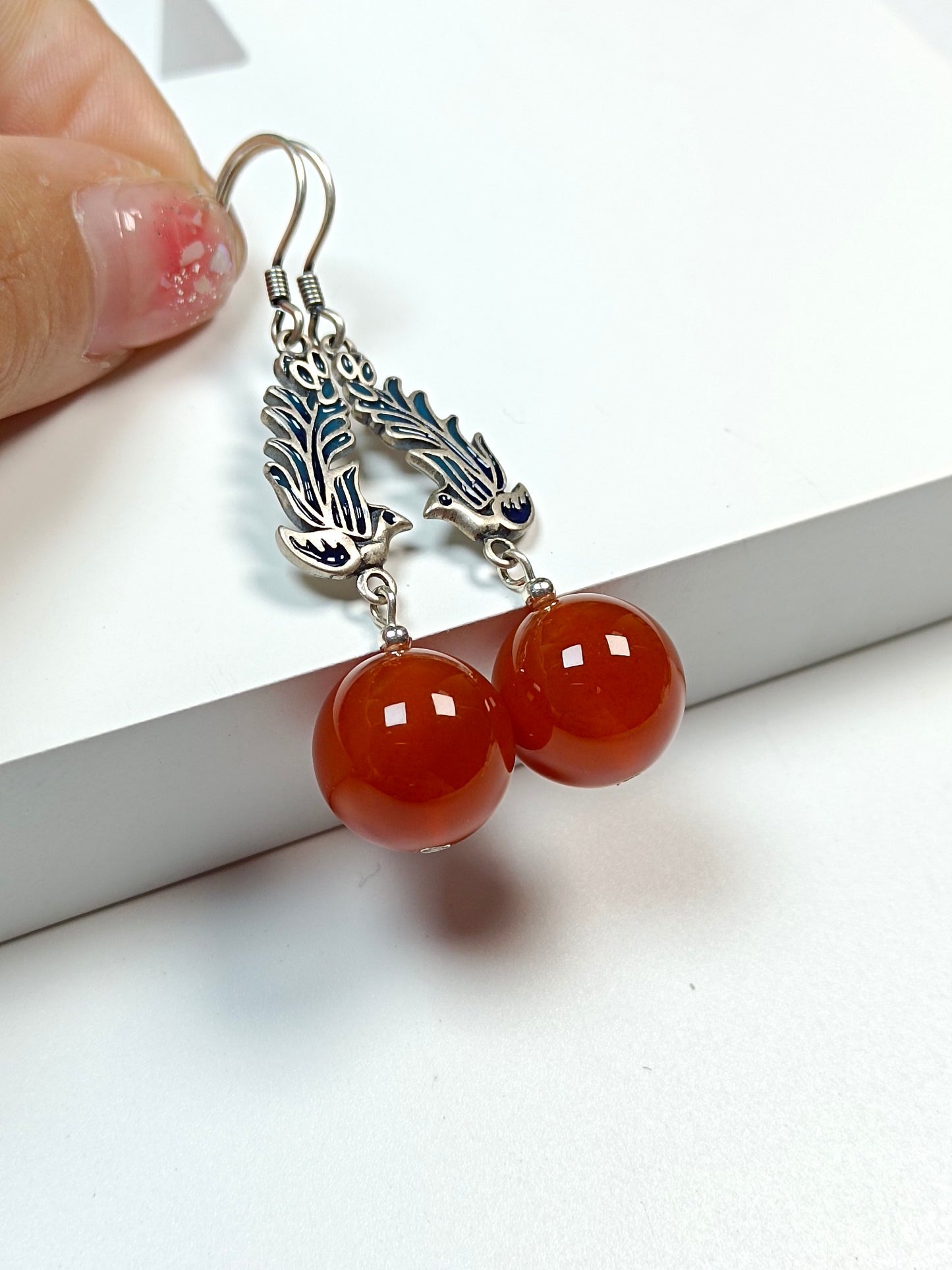 Original Design Chinese Style Antique S925 Silver "Phoenix Ascending" Cloisonné Red Agate Bead Earrings - Jewelry