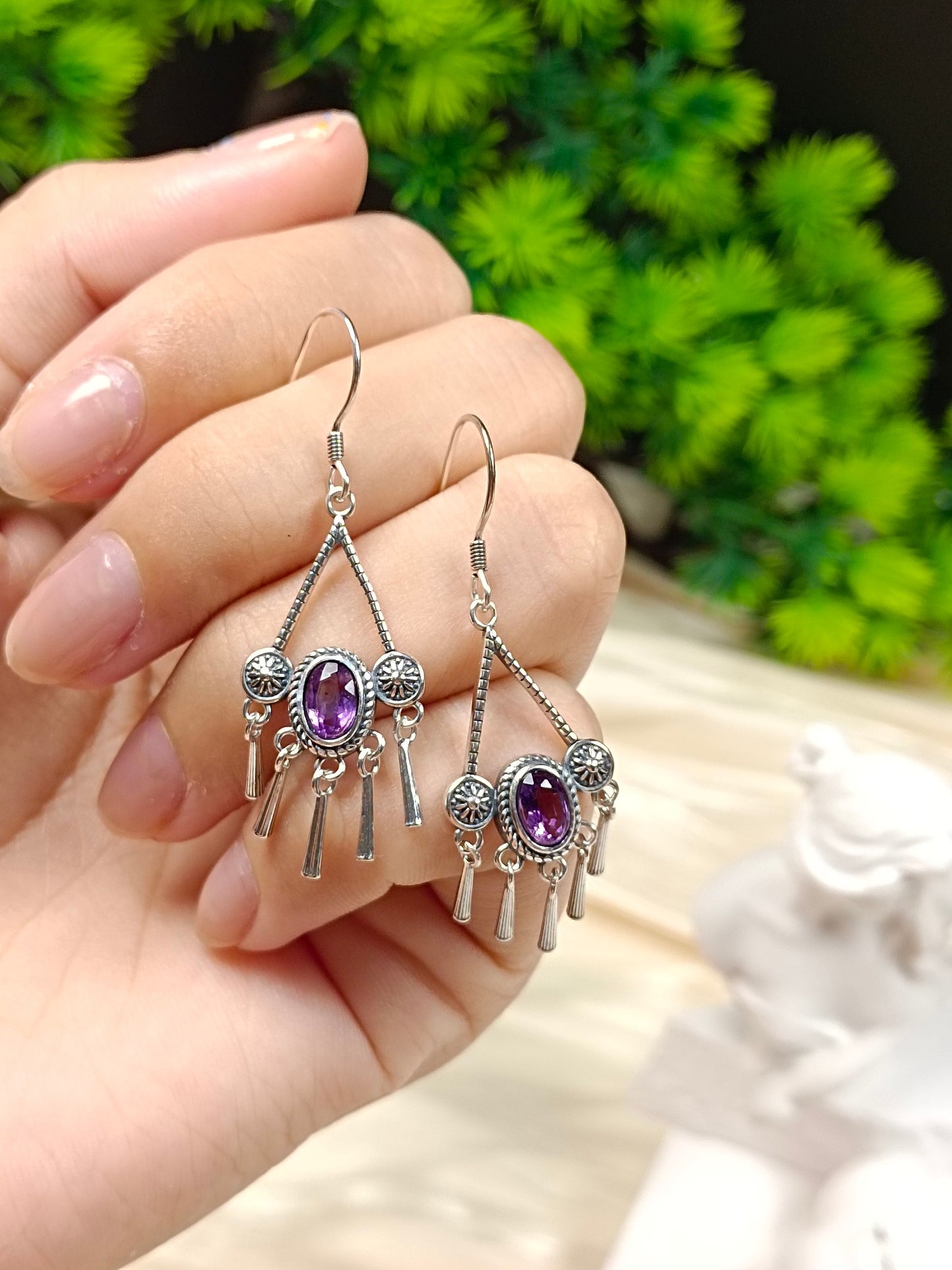 S925 Silver Embedded Amethyst Tassel Earrings - Vintage Style Jewelry