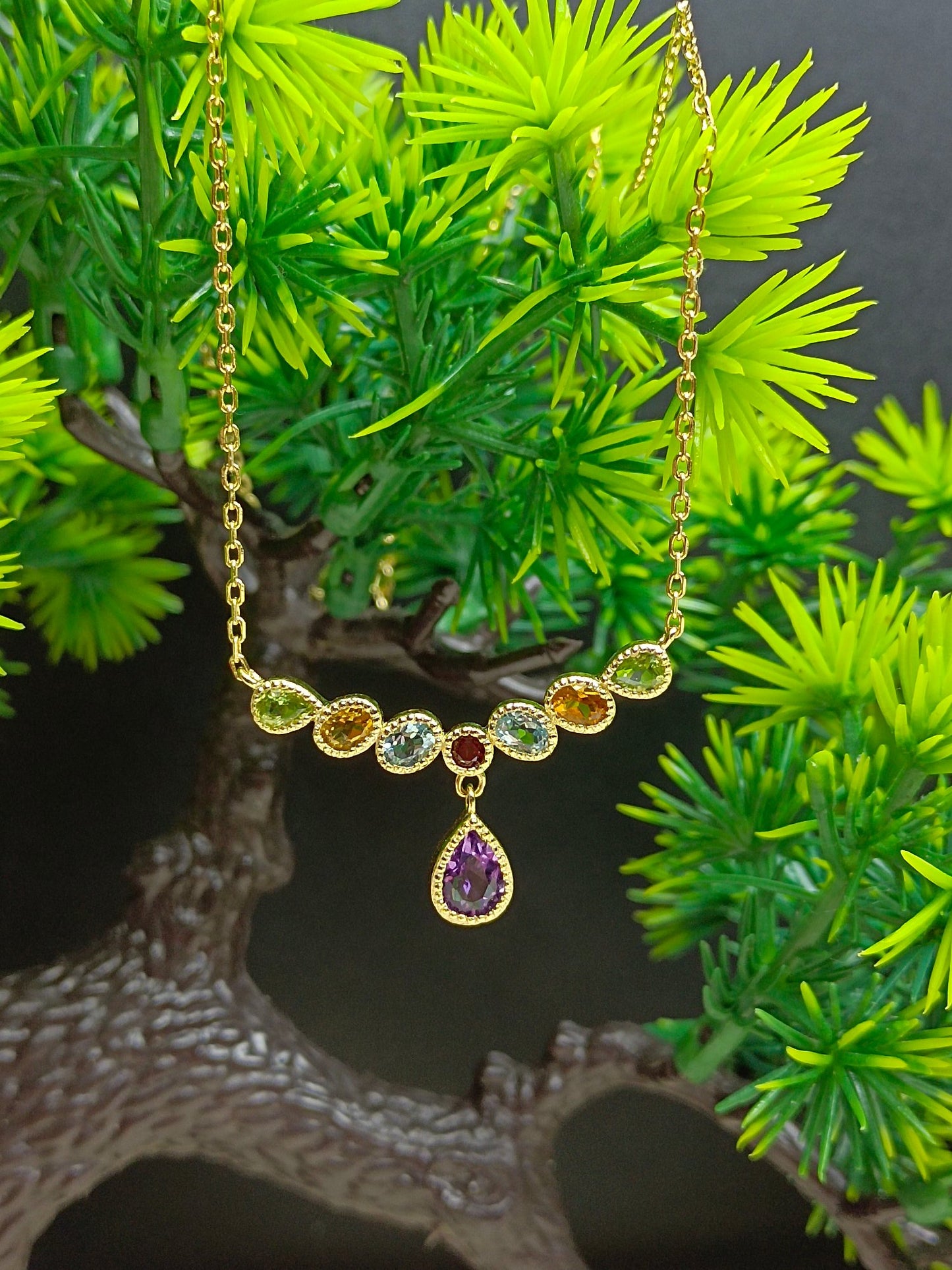 Elegant S925 Sterling Silver Amethyst Drop Multistone Necklace with 18K Gold Embedding - Unique Jewelry