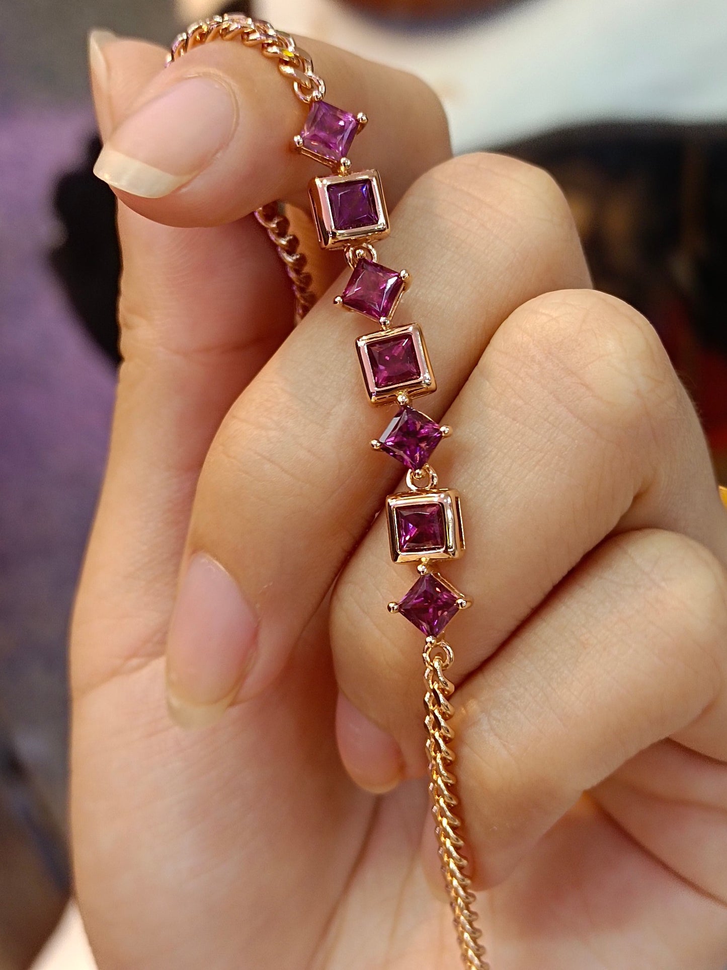 S925 Silver Princess-Cut Purple Garnet Jewelry Bracelet