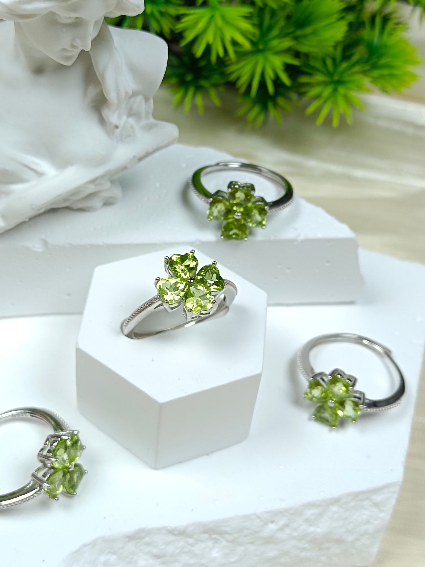 Cincin "Clover" Peridot Terbenam Perak S925 - Barang Kemas Gaya Korea Bergaya