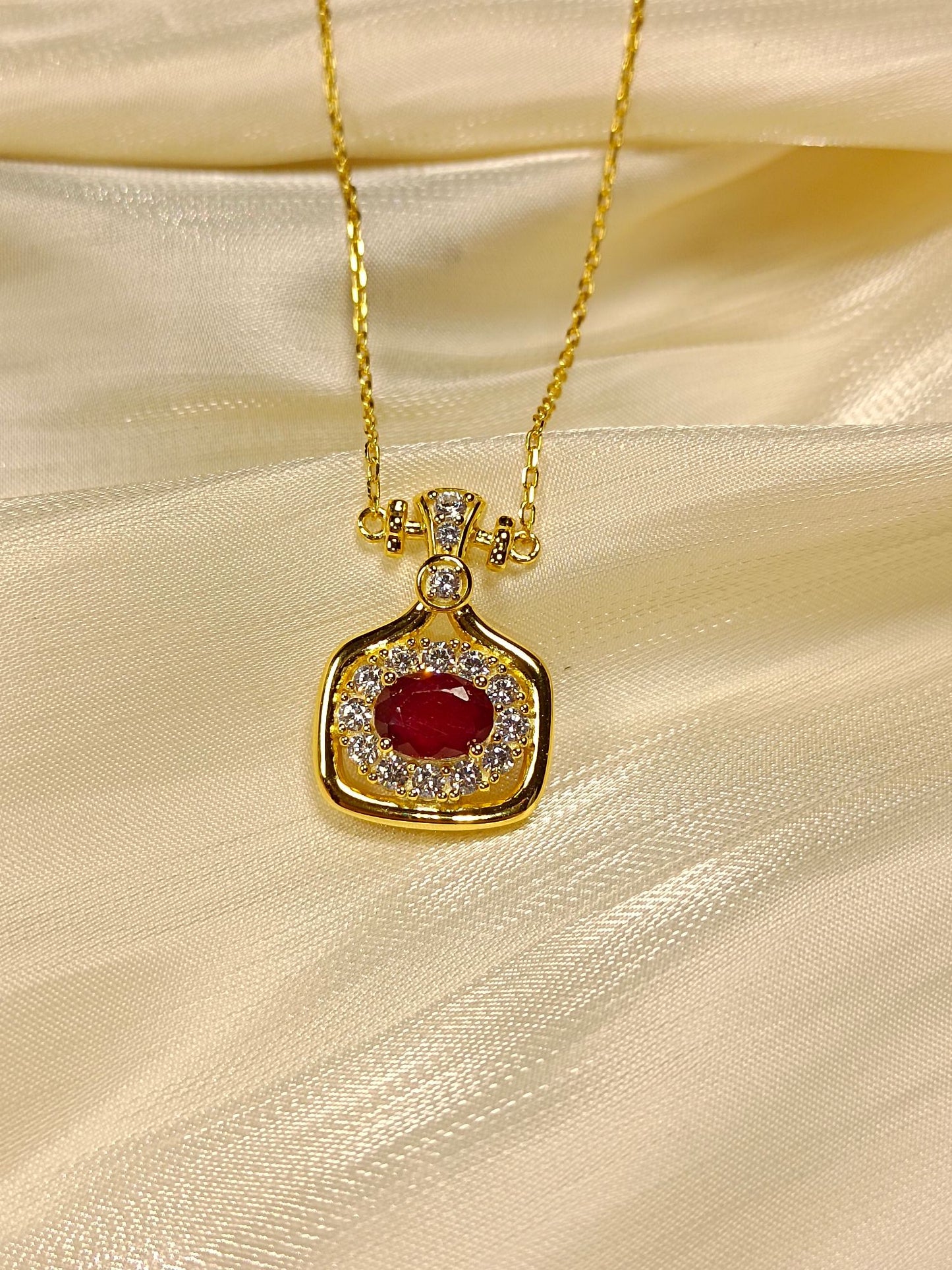 S925 Sterling Silver Intricate "Perfume Bottle" Ruby Pendant Necklace - Elegant Jewelry