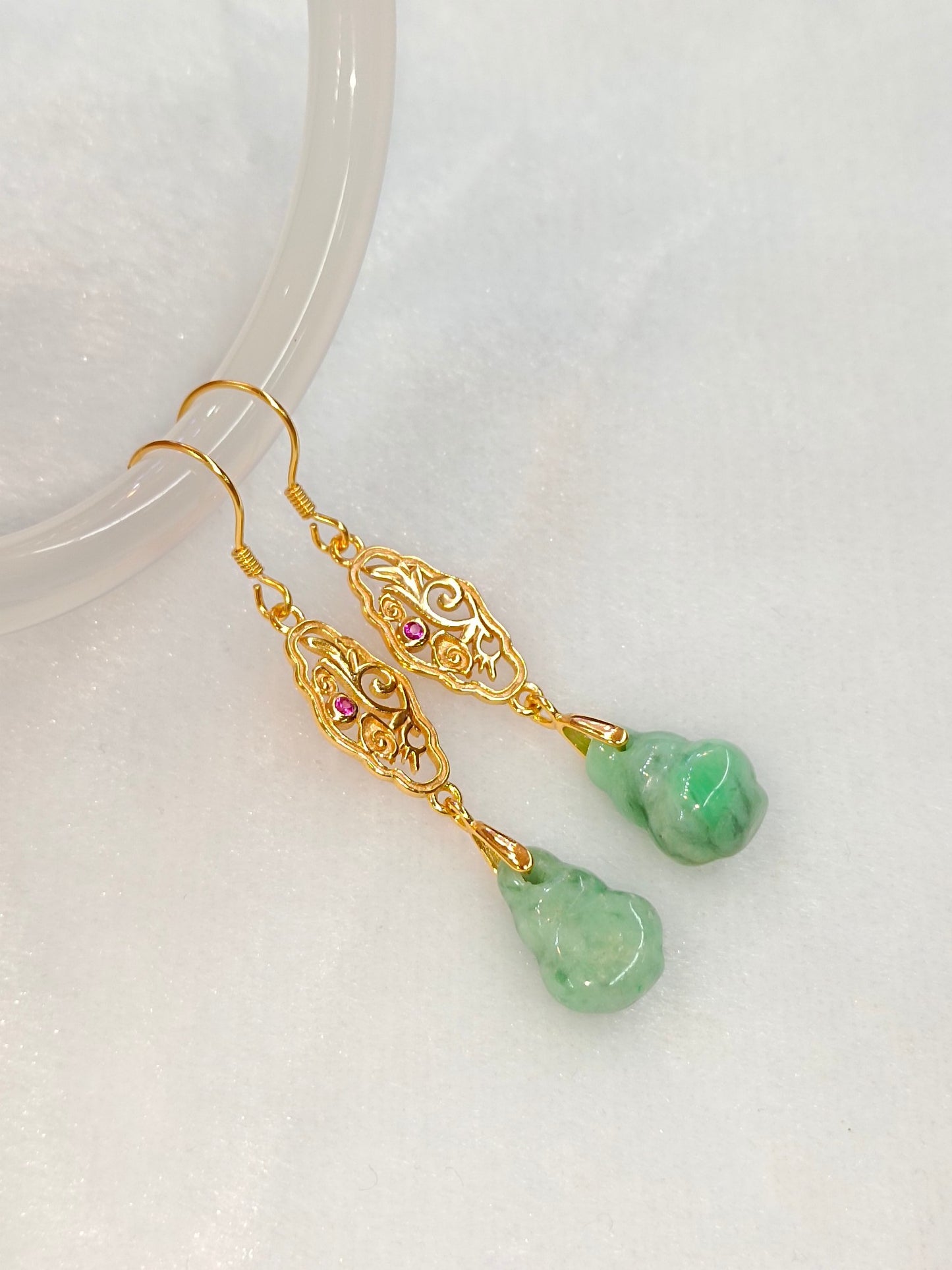 Brincos de prata natural Jade Gourd S925 - joias para a prosperidade