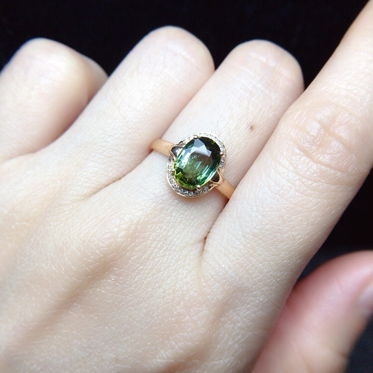 Cincin Turmalin Asli dengan Hiasan Emas dan Berlian 18K - Barang Kemas