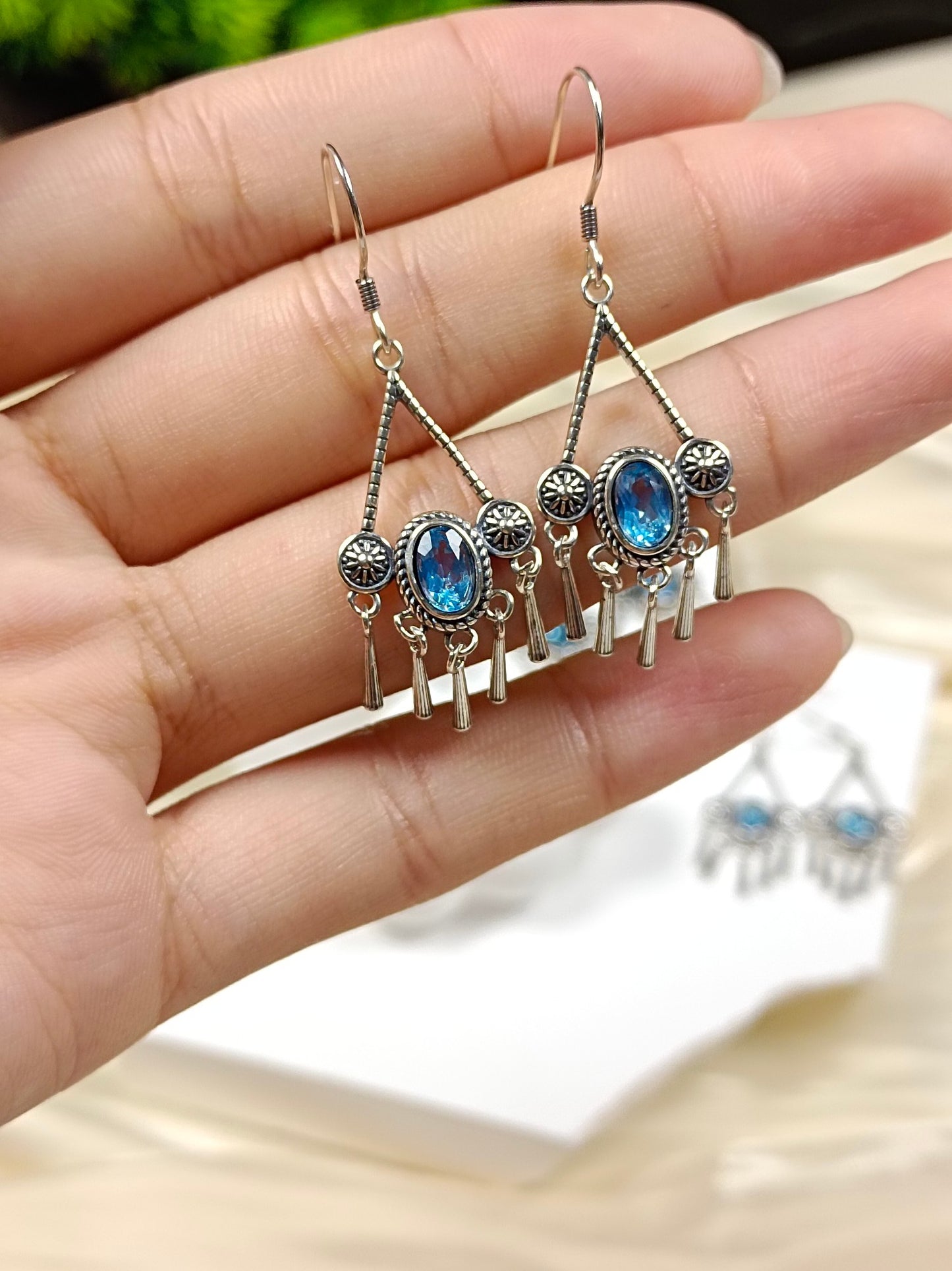S925 Silver Embedded Topaz Tassel Earrings with Vintage Charm