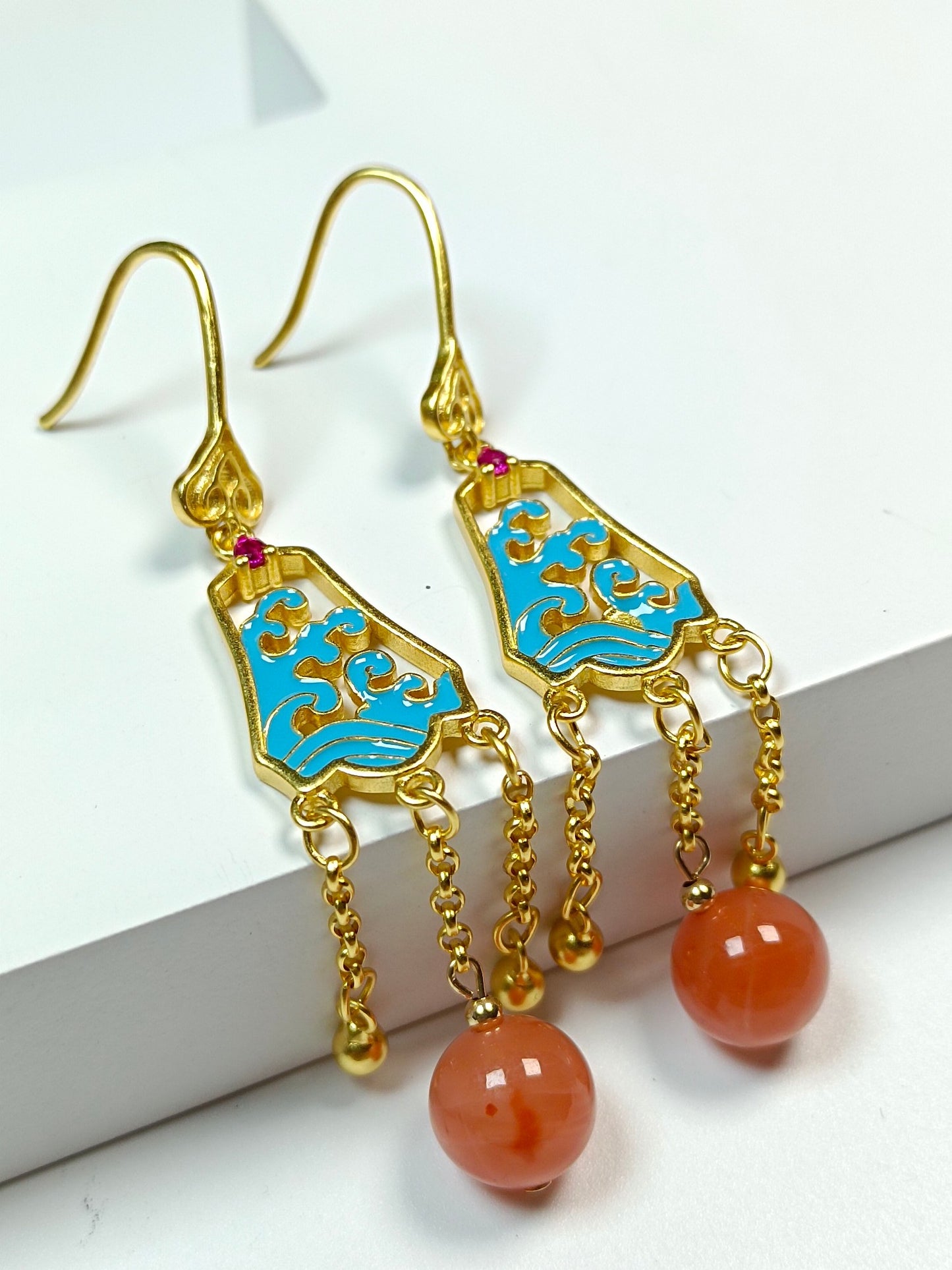 Elegant Natural South Red Agate Earrings with S925 Silver and Cloisonne, Chinese Ethnic Style Jewelry