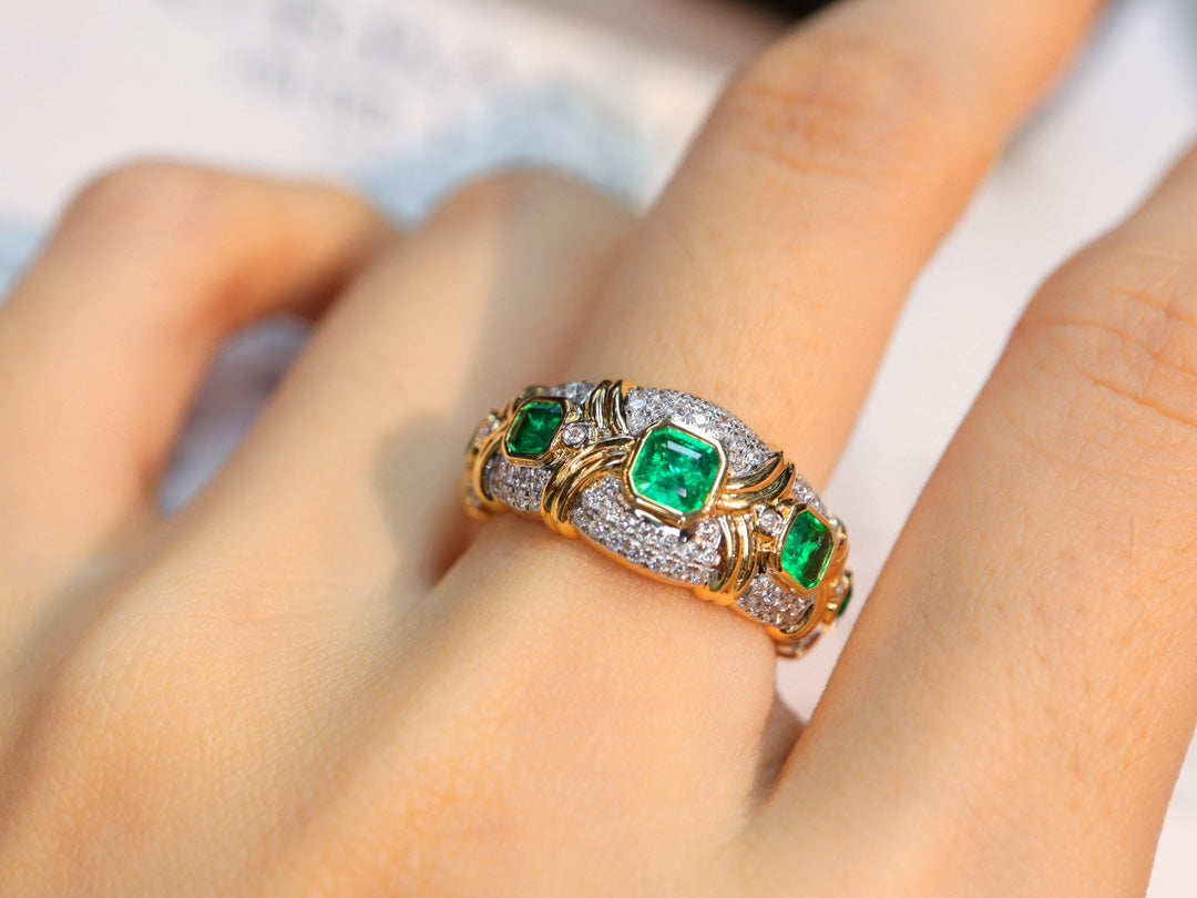 Set Cincin Zamrud Terinspirasi Vintage dengan Sertifikat Guild – Perhiasan Abadi