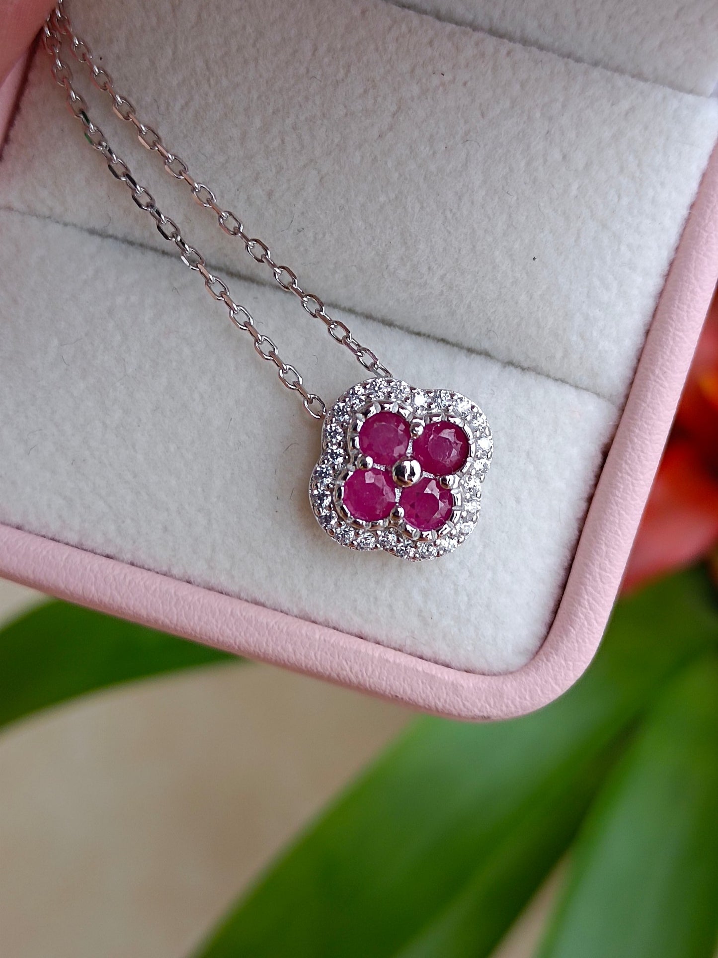 Natural Ruby Four-Leaf Clover Necklace - Premium Jewelry