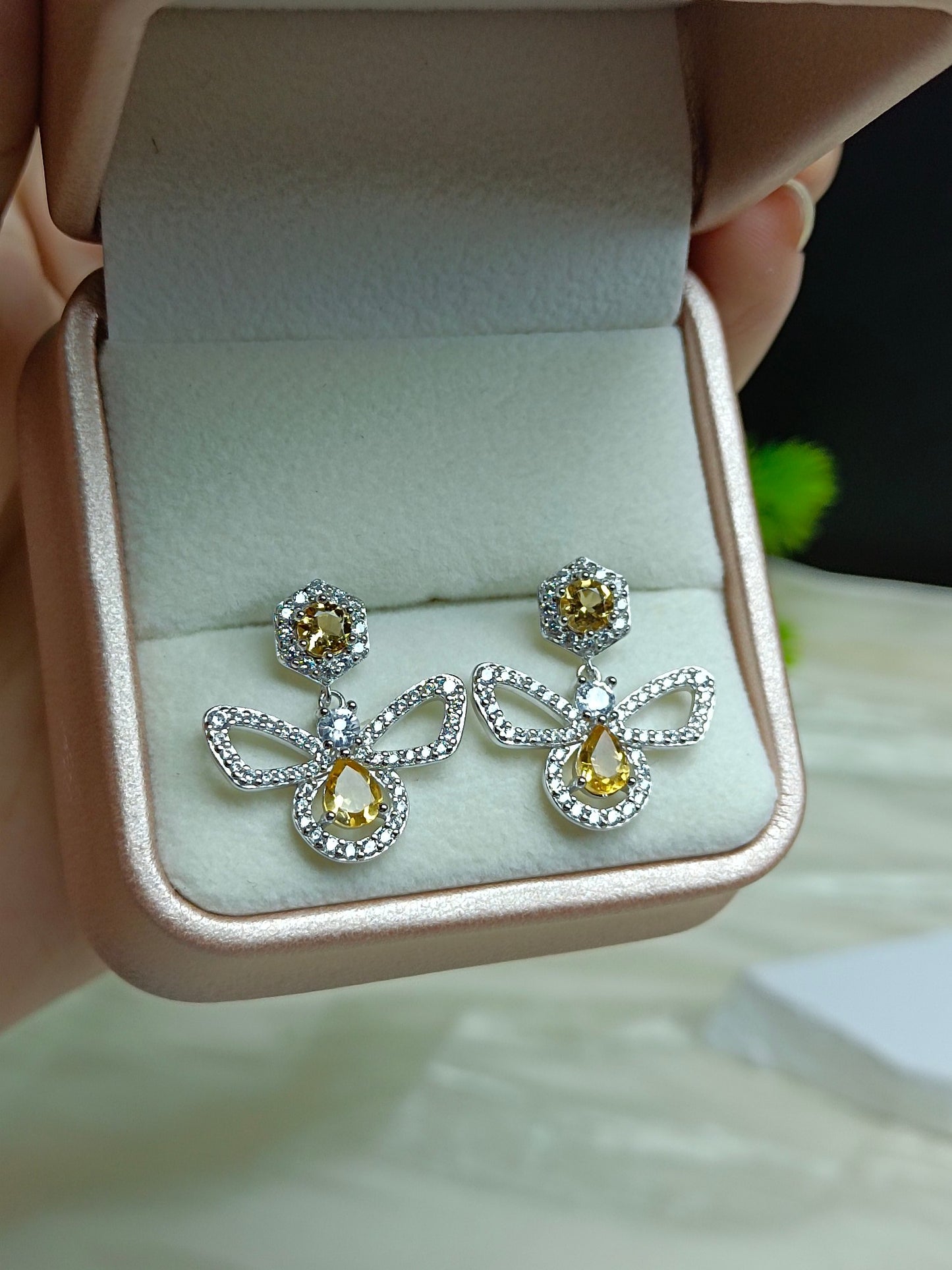 S925 Sterling Silver Embellished Yellow Crystal Bee Earrings - Fashion Jewelry