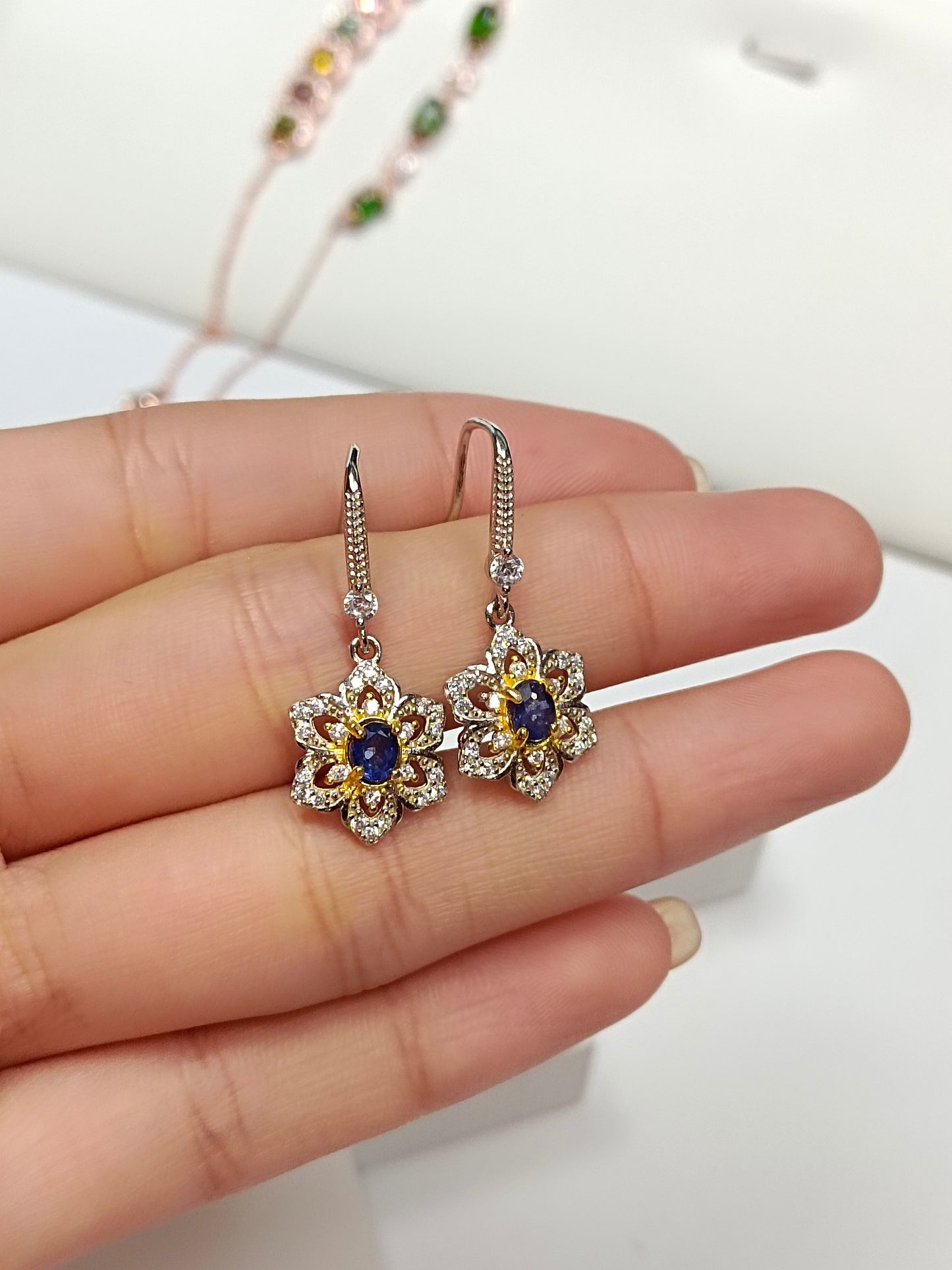 S925 Silver Sapphire Sunflower Earrings - Elegant Jewelry