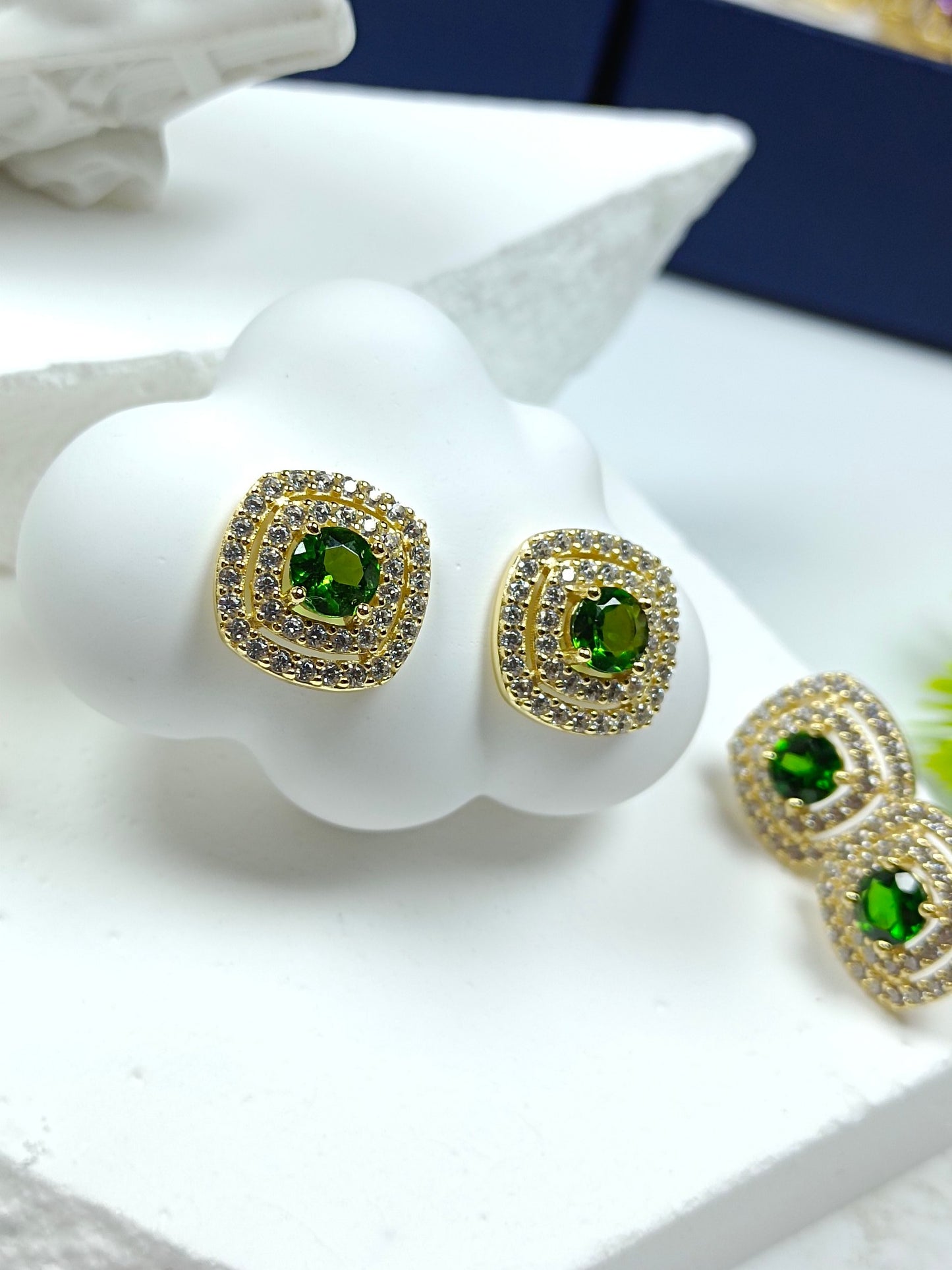 Elegant S925 Silver and 18K Gold Plated Earrings with Green Diopside - Fashion Jewelry
