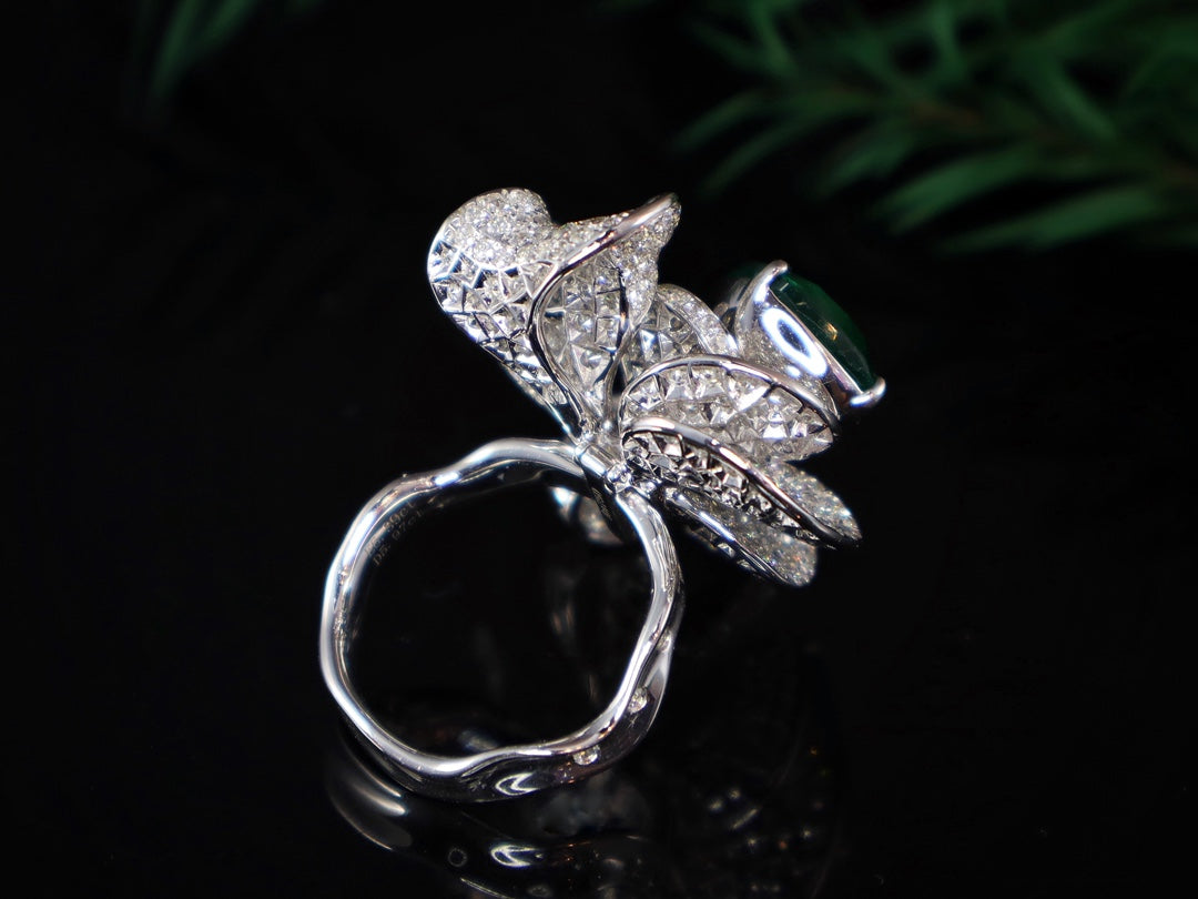 Emerald Green Jewelry: Custom-Made Ring/Pendant with Diamond-Encrusted Flower Design