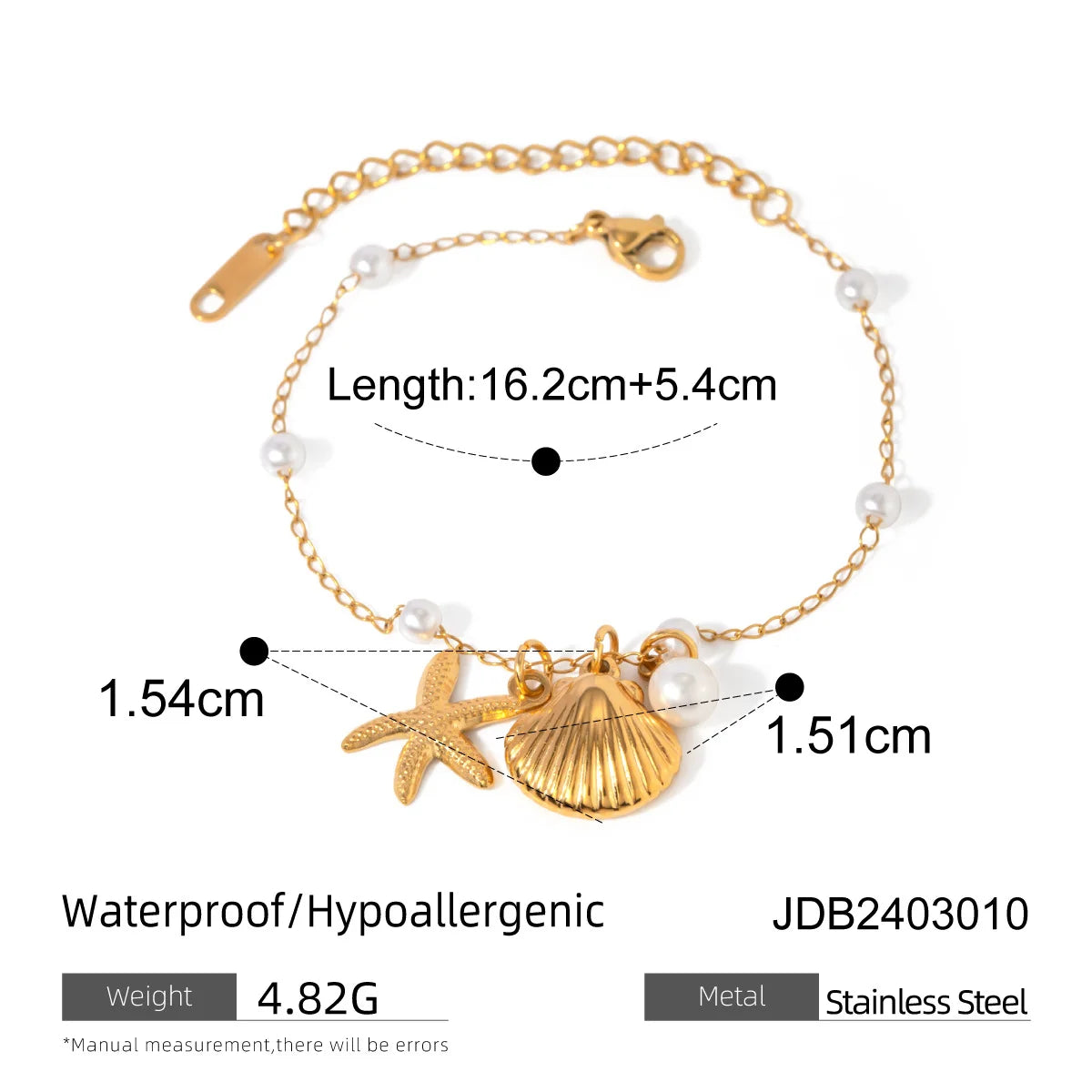 Fashion Jewelry 18K Gold Stainless Steel Pearl Chain with Summer Shell & Starfish Pendant Bracelet
