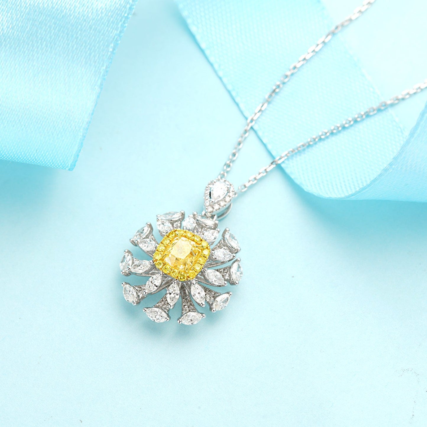 Cushion-Cut Yellow Diamond Pendant with Marquise Accent - Premium Jewelry - Yellow Diamond Set System