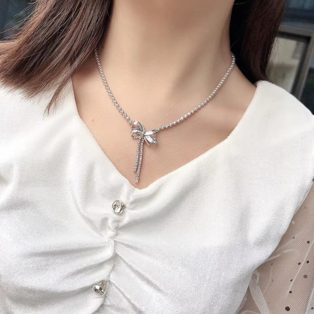 Diamond Bowknot Pendant Necklace - Exquisite Jewelry Piece - White Diamond Necklace