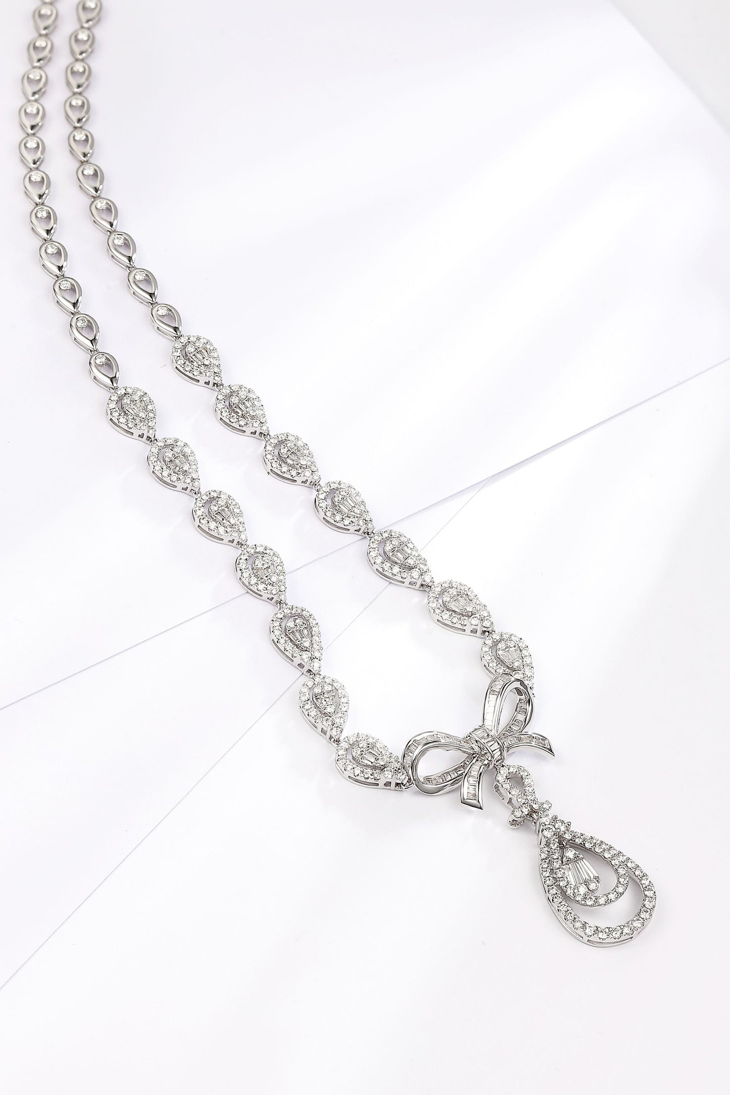 Diamond Bowknot Pendant with Droplet Chain - Luxury Jewelry - White Diamond Necklace
