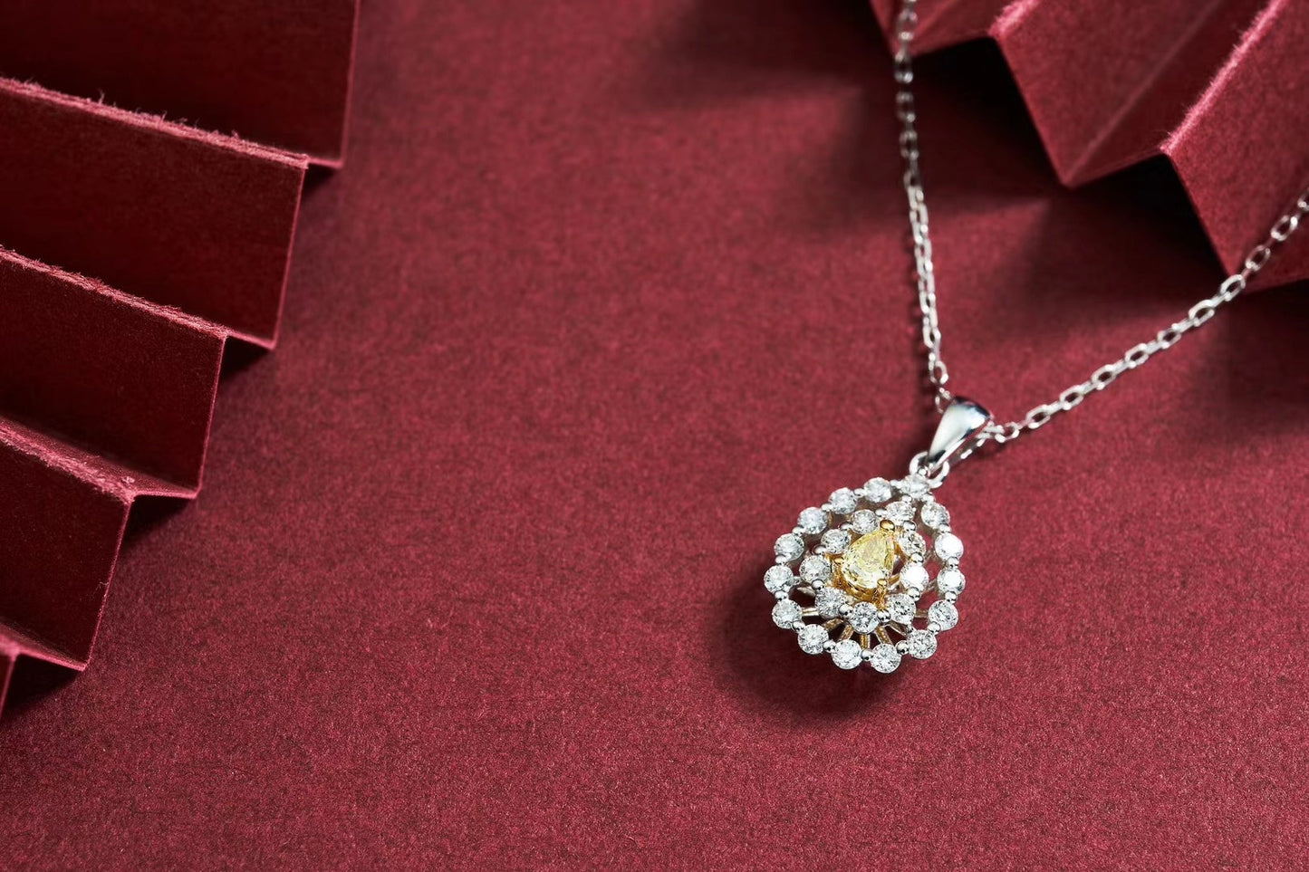 Diamond Drop Pendant with Double Halo - Premium Jewelry - Yellow Diamond Pendant
