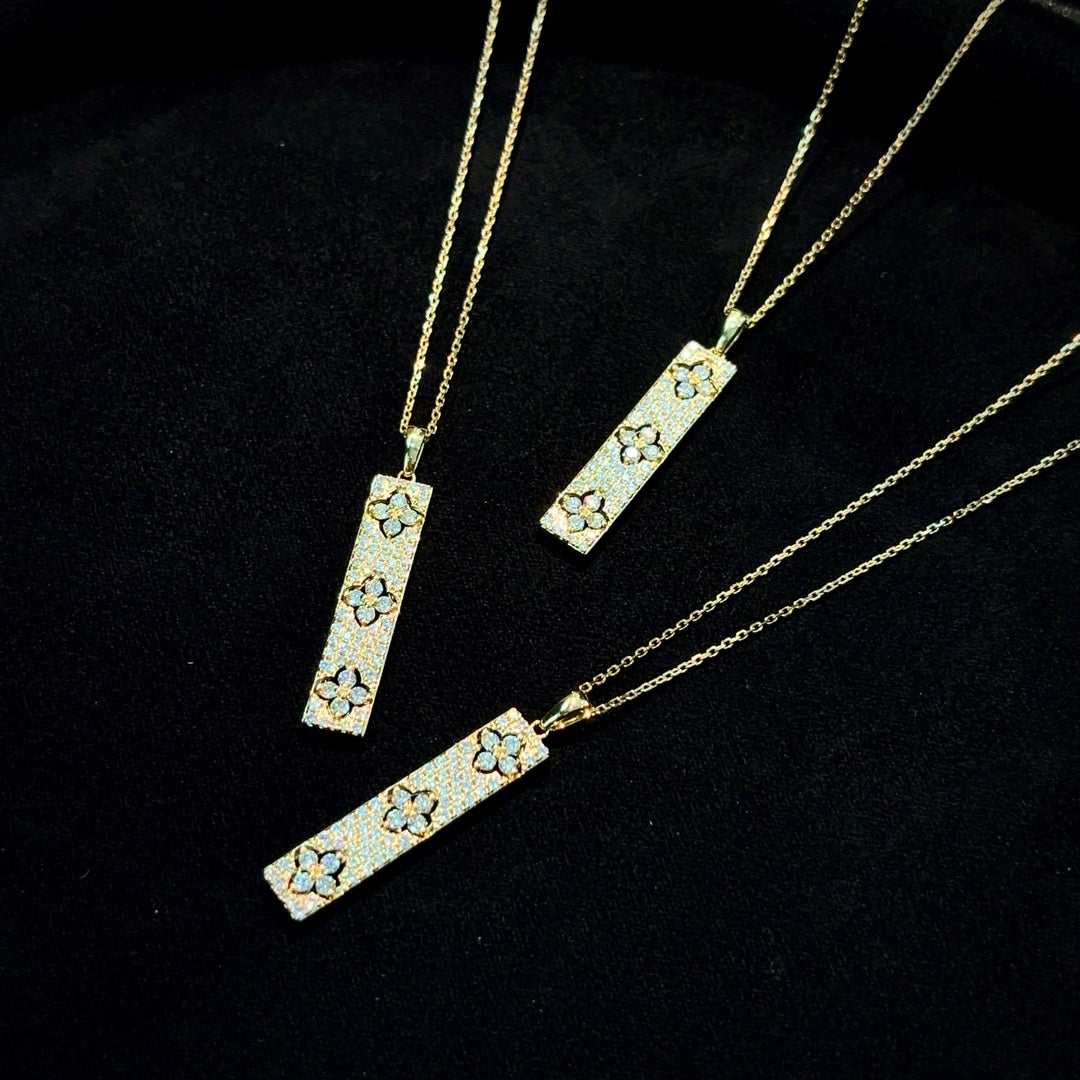 Diamond Pendant with Three Flowers and Four Leaves Design - Unique Jewelry Piece - White Diamond Necklace
