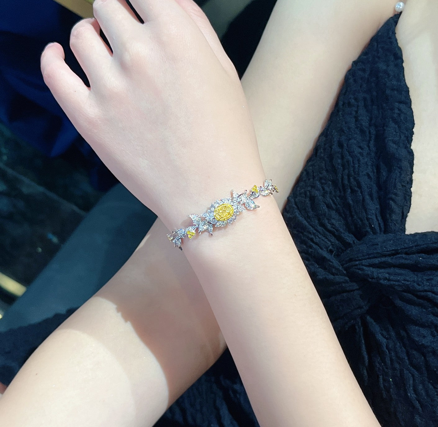 Elegant Elliptical Leaf Bracelet with Diamonds - Premium Jewelry - Yellow Diamond Bracelet