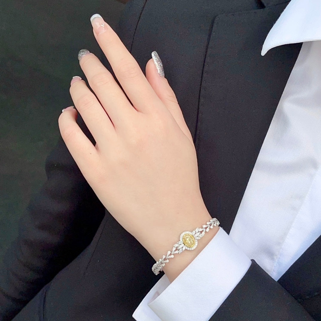 Ellipse Diamond Cluster Bracelet with Central Yellow Diamond - Premium Jewelry - Yellow Diamond Bracelet