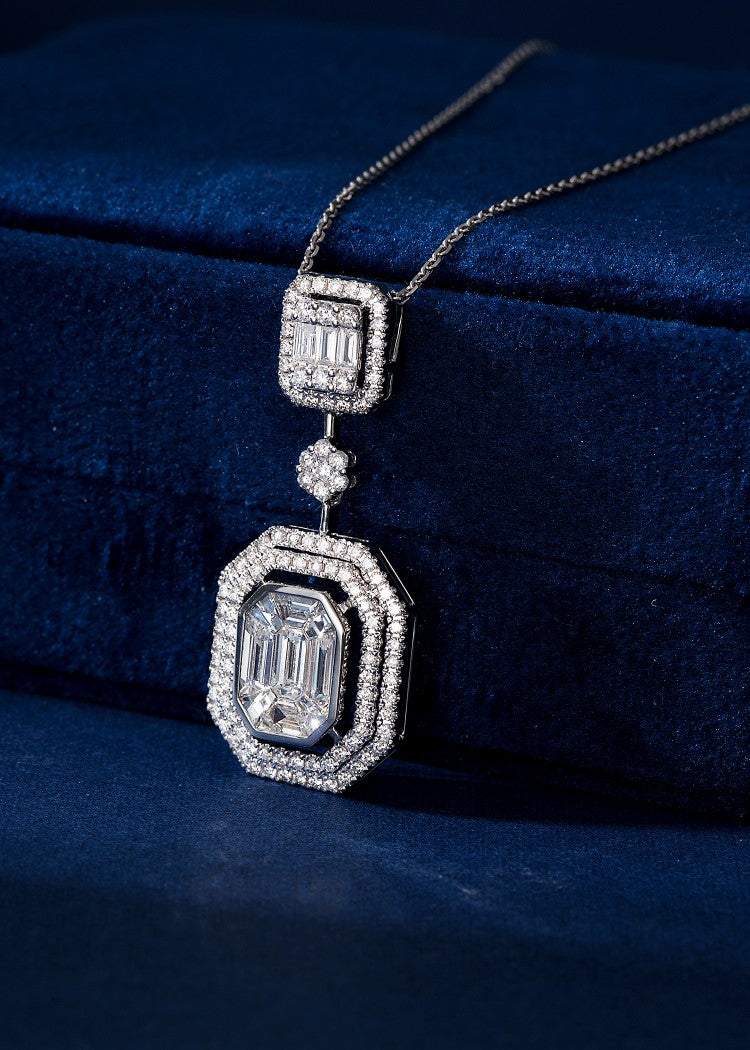 Emerald Double-Halo T-Square Pendant Jewelry - White Diamond Pendant