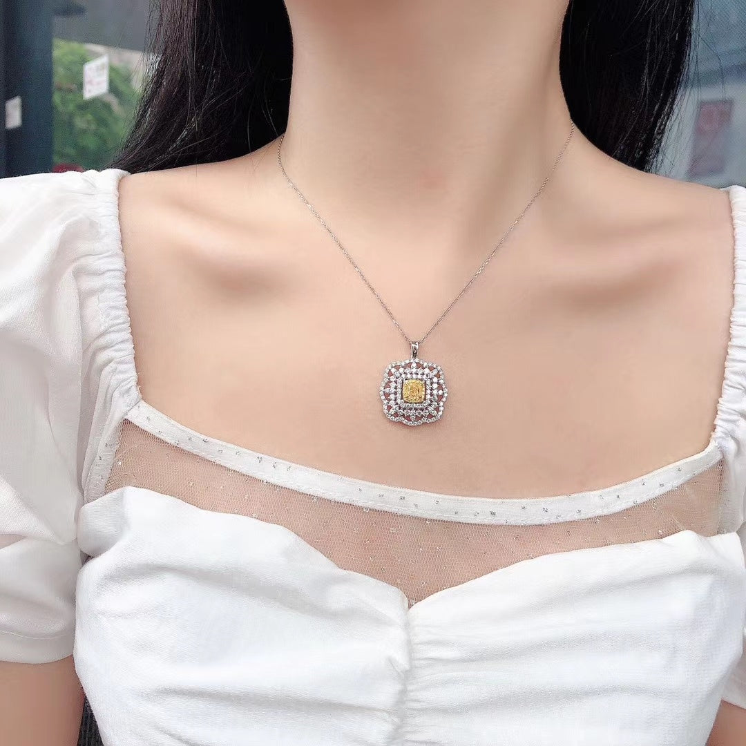 Exquisite Hollowed-out Yellow Diamond Cushion Pendant Jewelry - Yellow Diamond Pendant