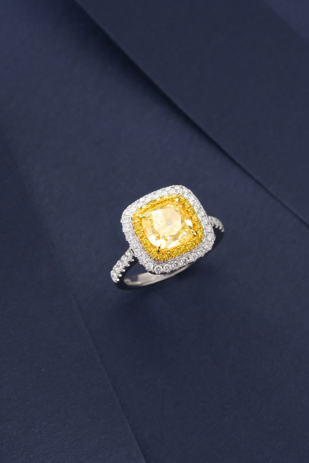 Luxurious Cushion-Cut Diamond Ring with Diamond Halo - Premium Jewelry - Yellow Diamond Ring