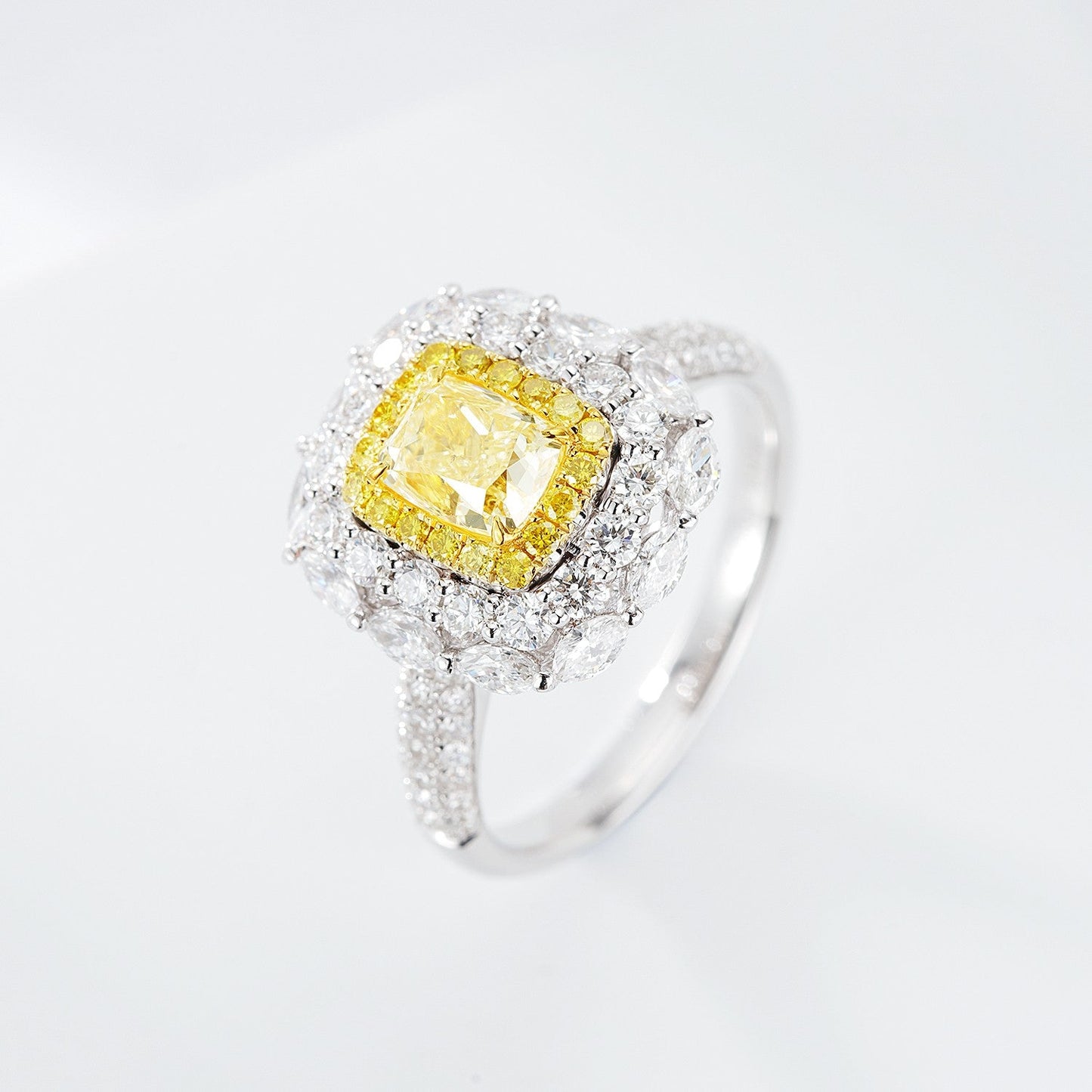 Luxurious Cushion-Cut Diamond Ring with Marquise Double Halo - Premium Jewelry - Yellow Diamond Ring