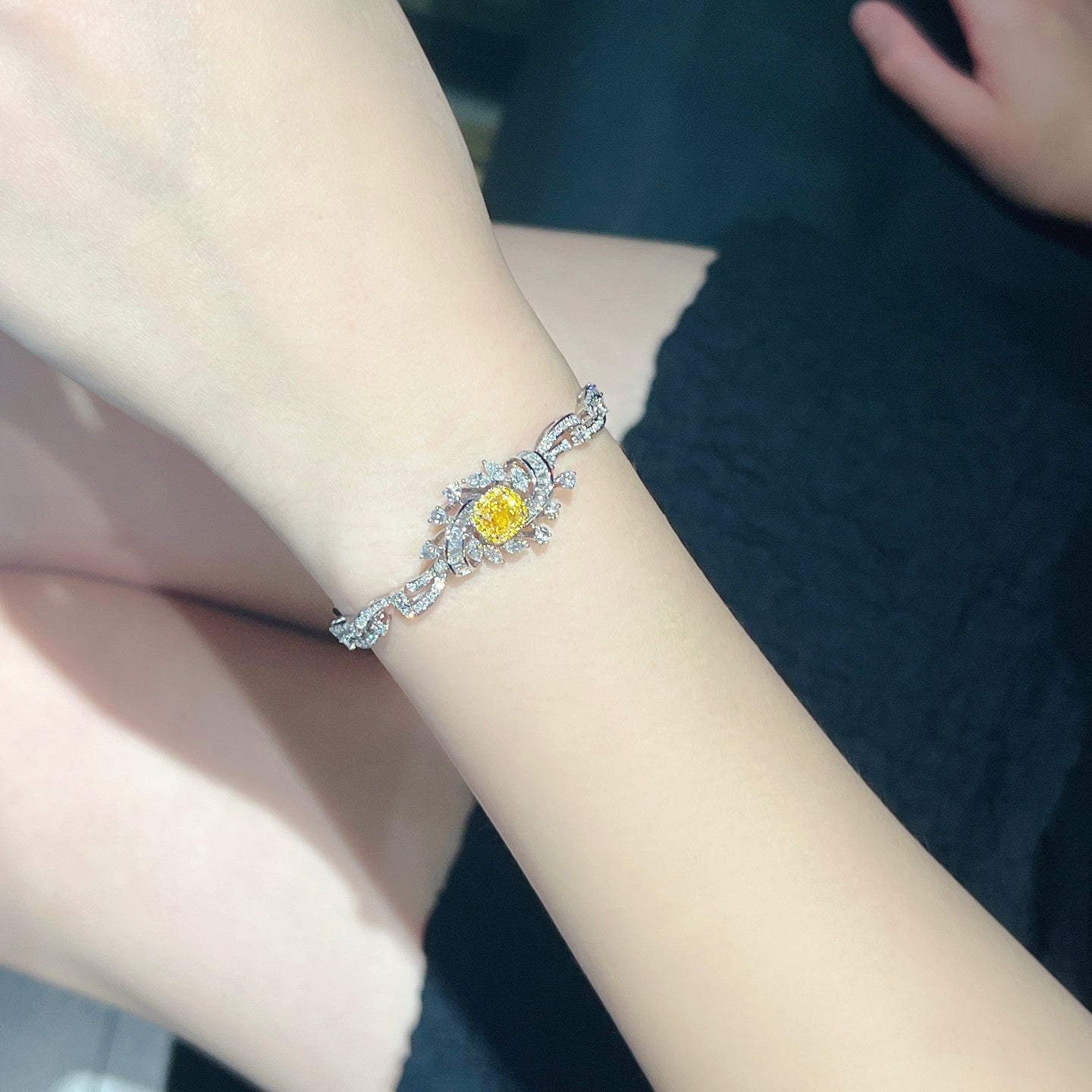 Luxurious Cushion-Cut Spiral Flower Bracelet with Yellow Diamond | Premium Jewelry - Yellow Diamond Bracelet