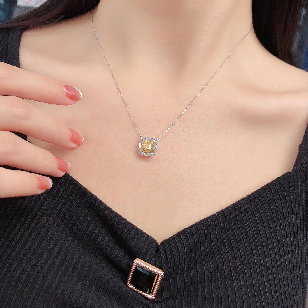 Luxurious Cushion-Cut Yellow Diamond Pendant with Four Ts - Premium Jewelry - Yellow Diamond Pendant