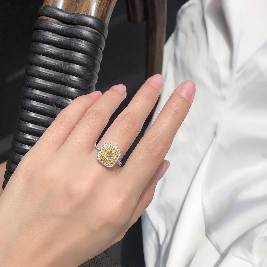 Luxurious Cushion Cut Yellow Diamond Ring with Octagonal Design - Premium Jewelry - Yellow Diamond Ring