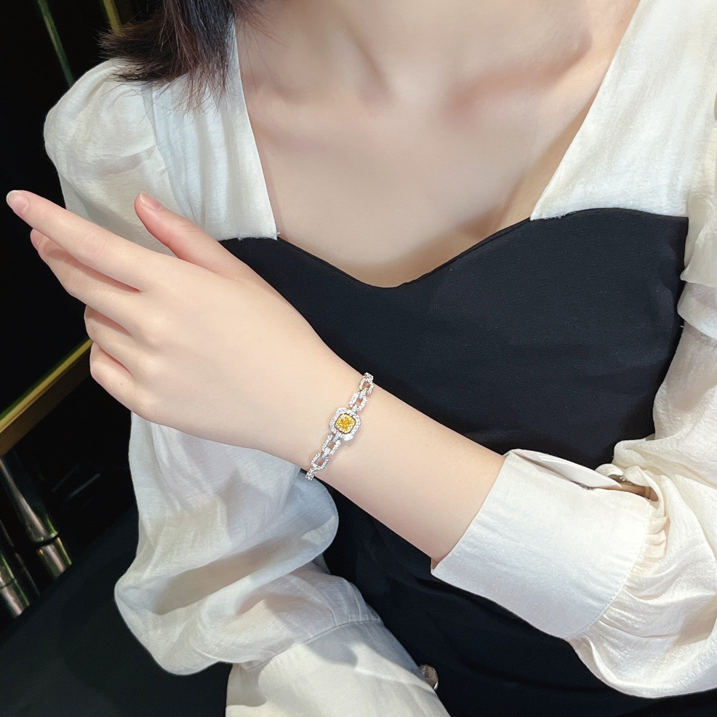 Luxurious Diamond Cushion Cut Octagonal Bracelet - Fine Jewelry Collection - Yellow Diamond Bracelet