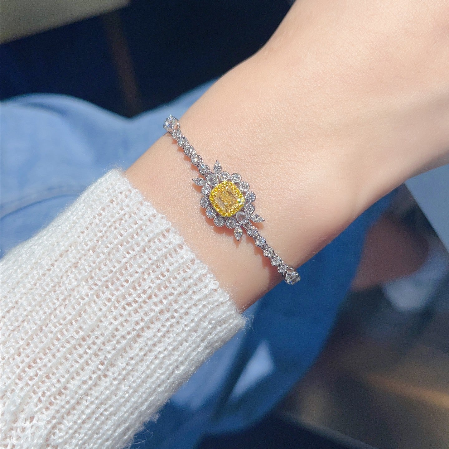 Luxurious Diamond Pillow-Shaped Flower Bracelet - Premium Jewelry - Yellow Diamond Bracelet
